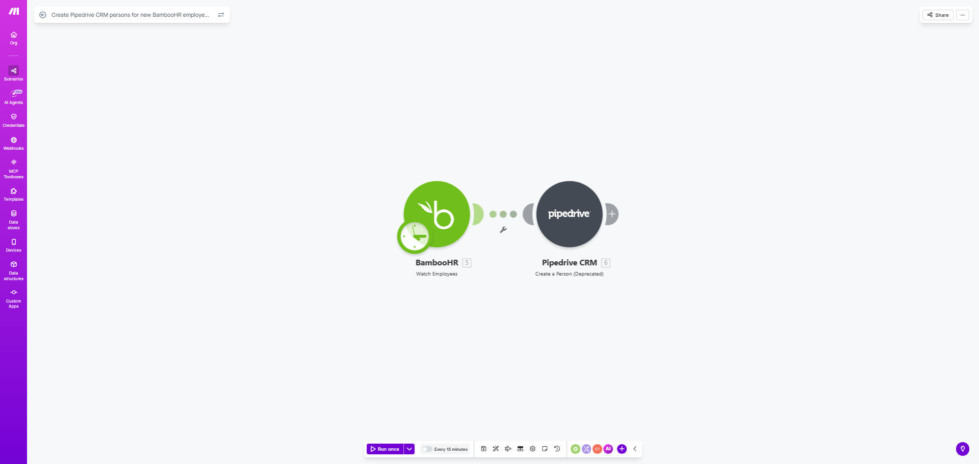 Diagram showing automation flow from BambooHR to Pipedrive CRM for new employee data