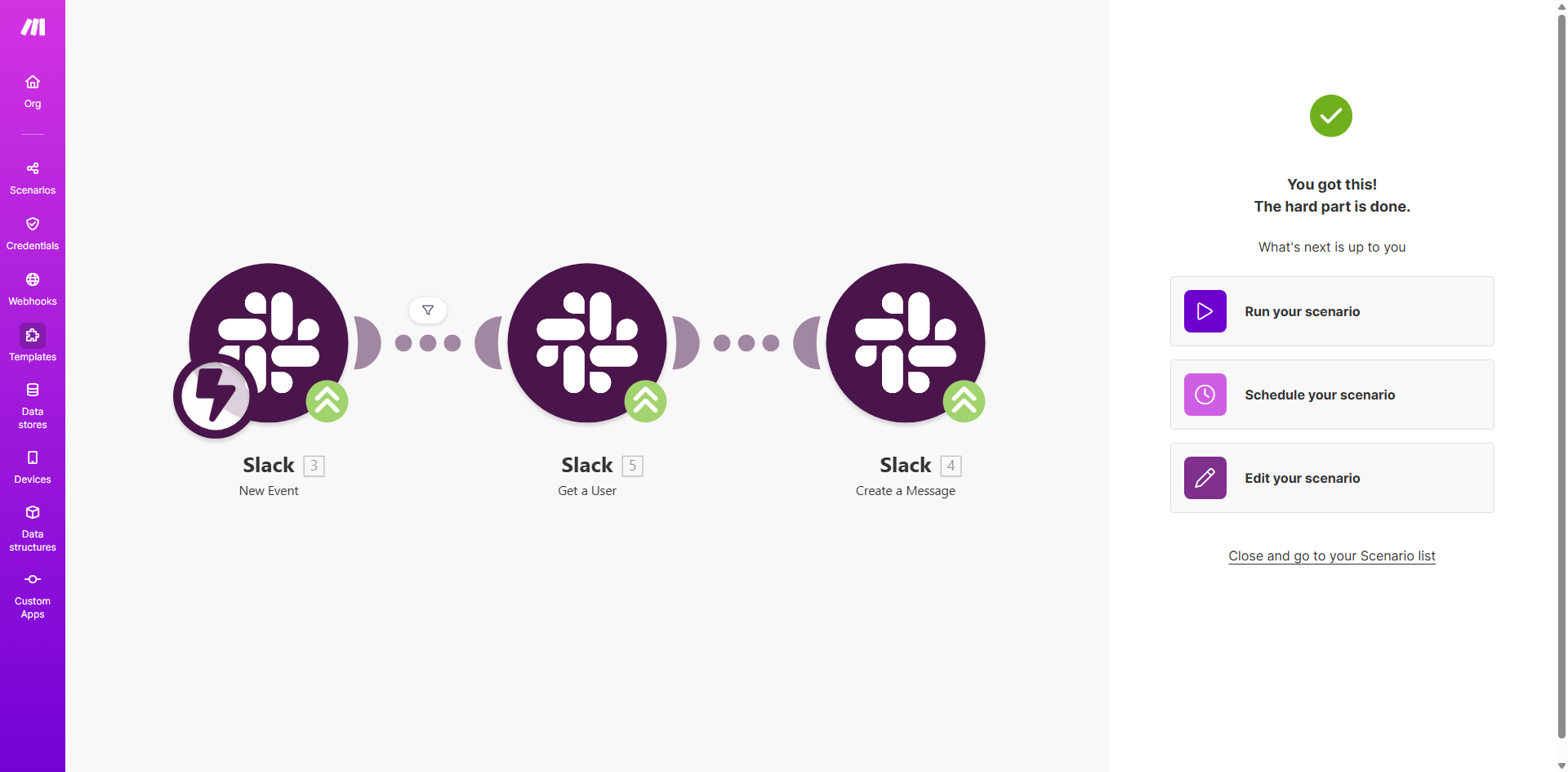 Make.com workflow diagram showing Slack message copying automation