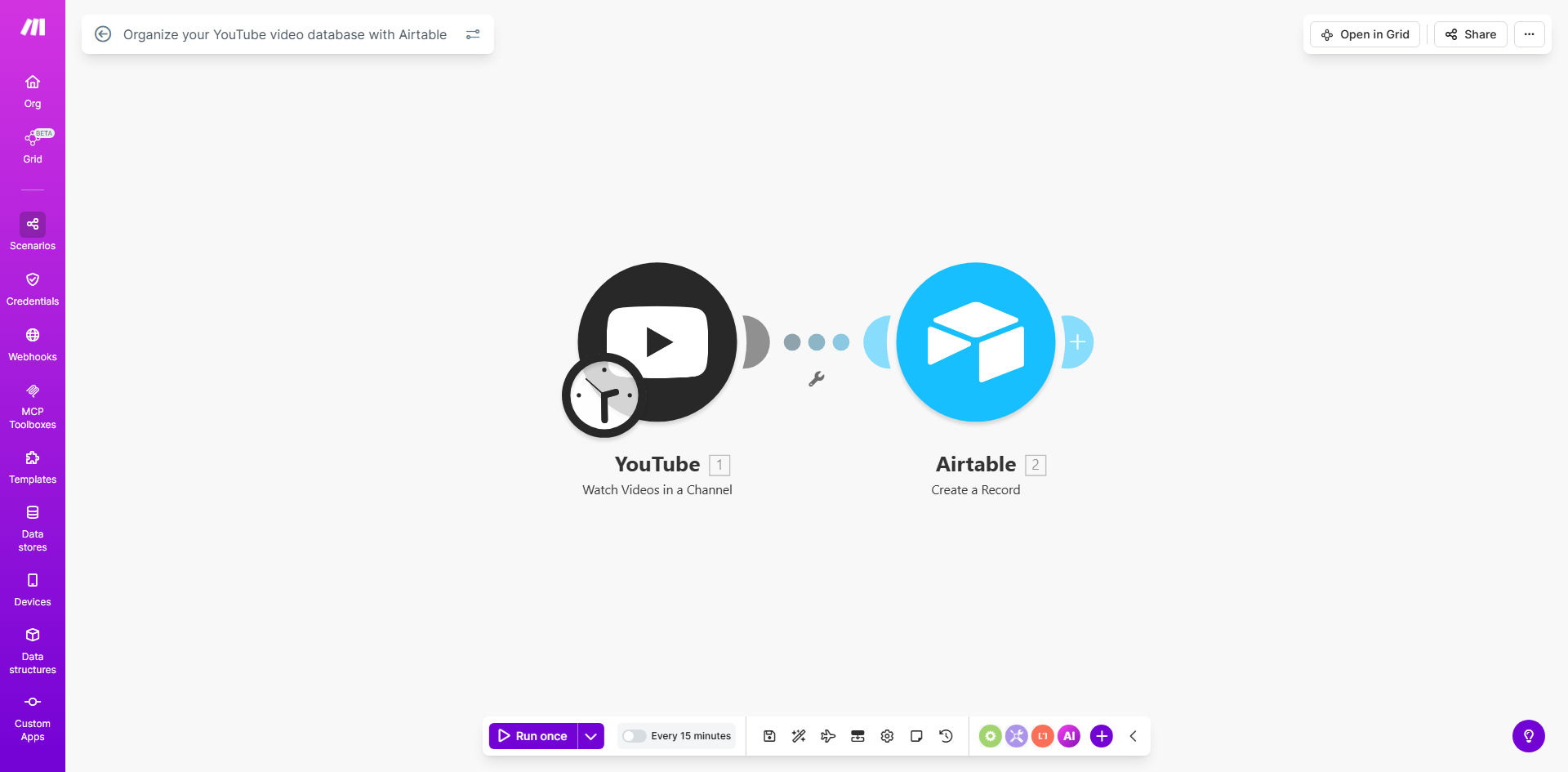 YouTube video database management in Airtable interface