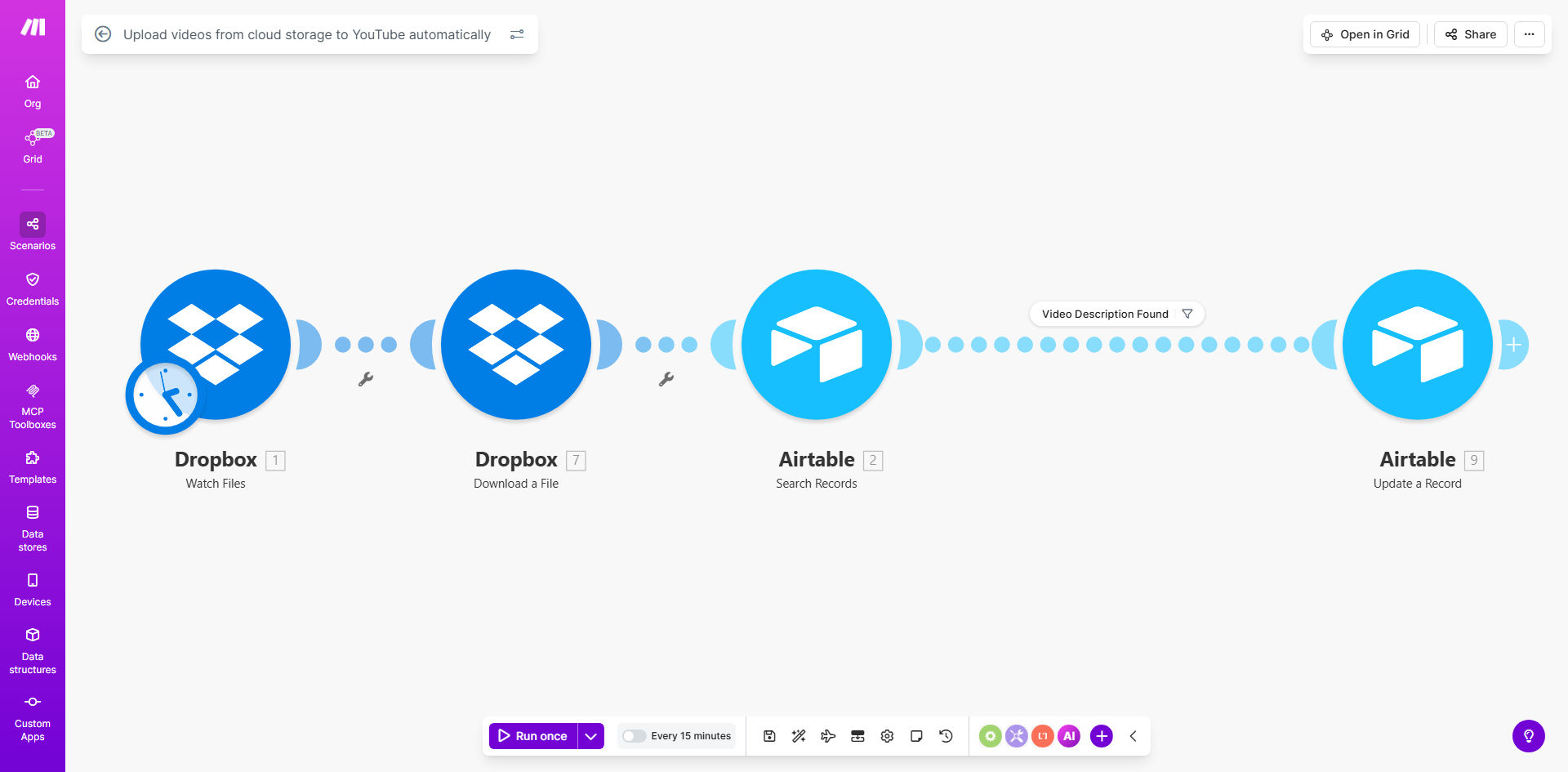 Make.com workflow diagram showing automated YouTube video upload process
