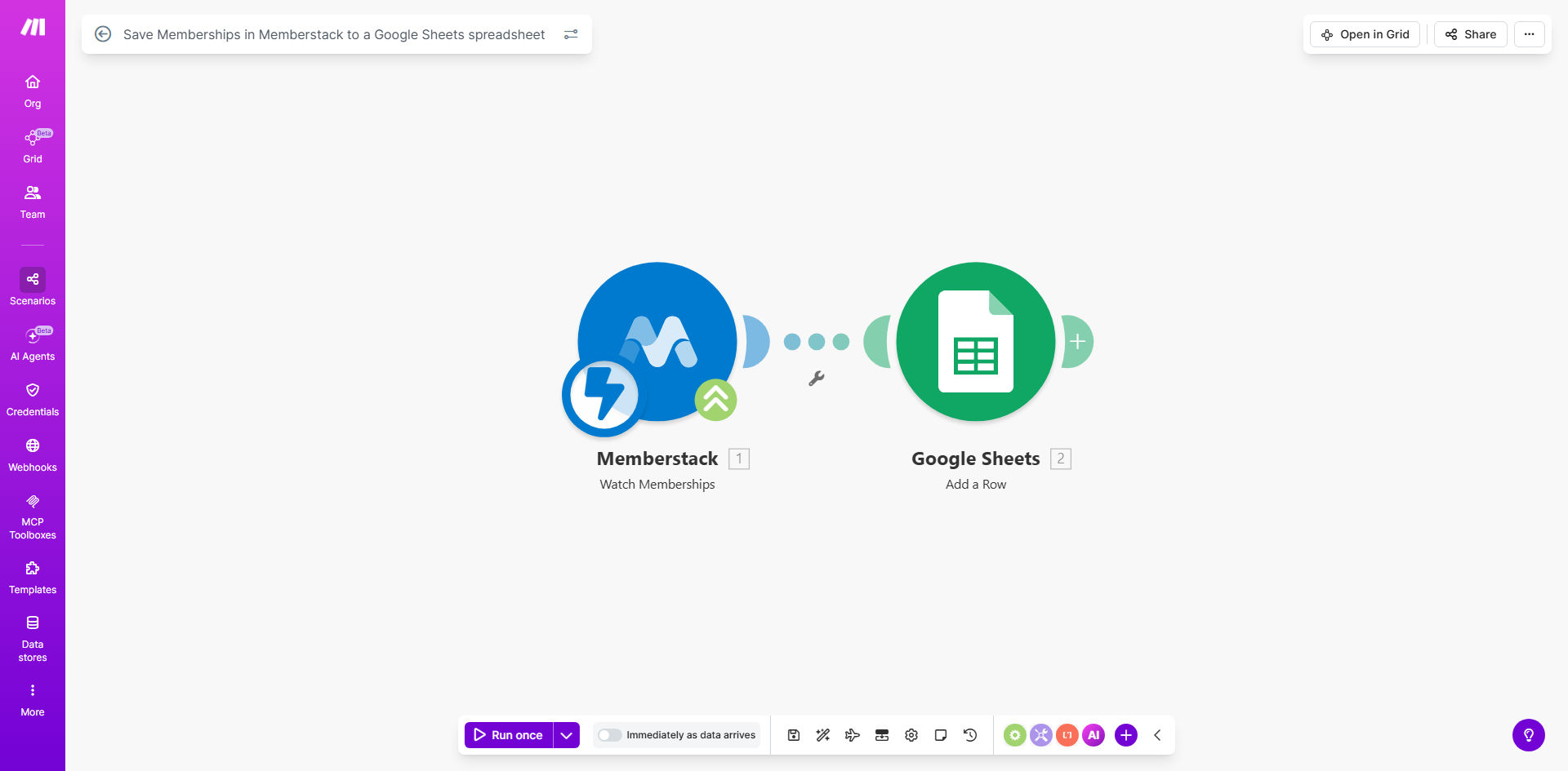 Make.com automation diagram showing Memberstack webhook data flowing into Google Sheets