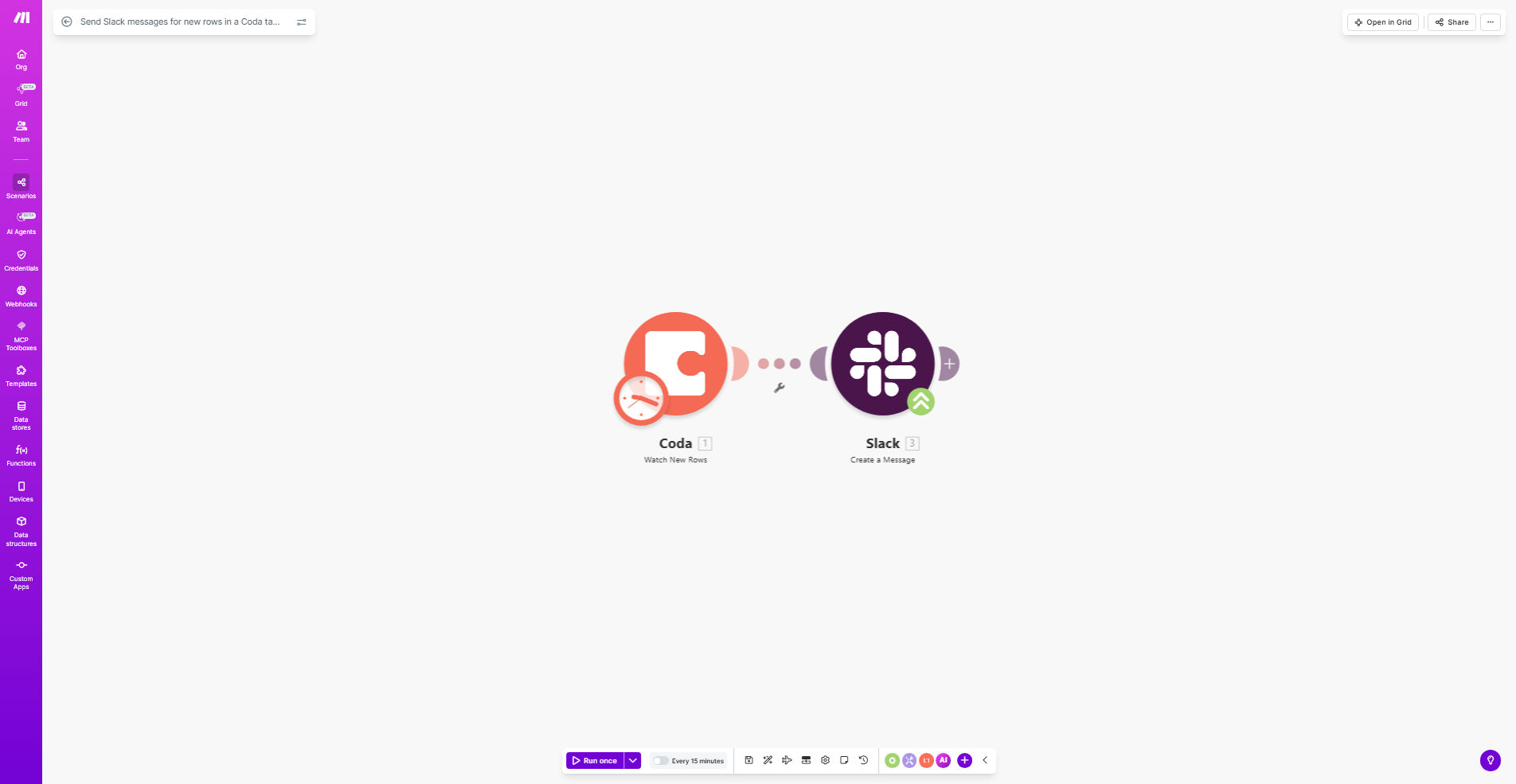 Make.com workflow diagram showing Coda table data triggering Slack notifications