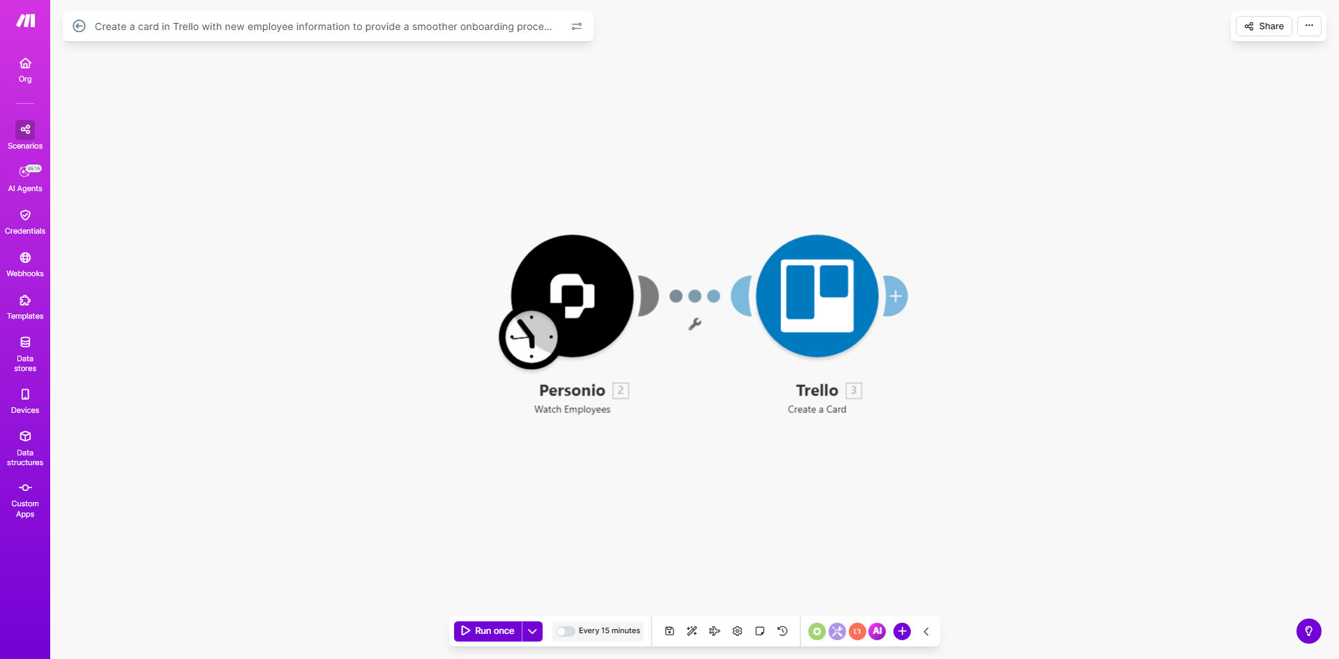 Automated Trello card creation for employee onboarding workflow diagram