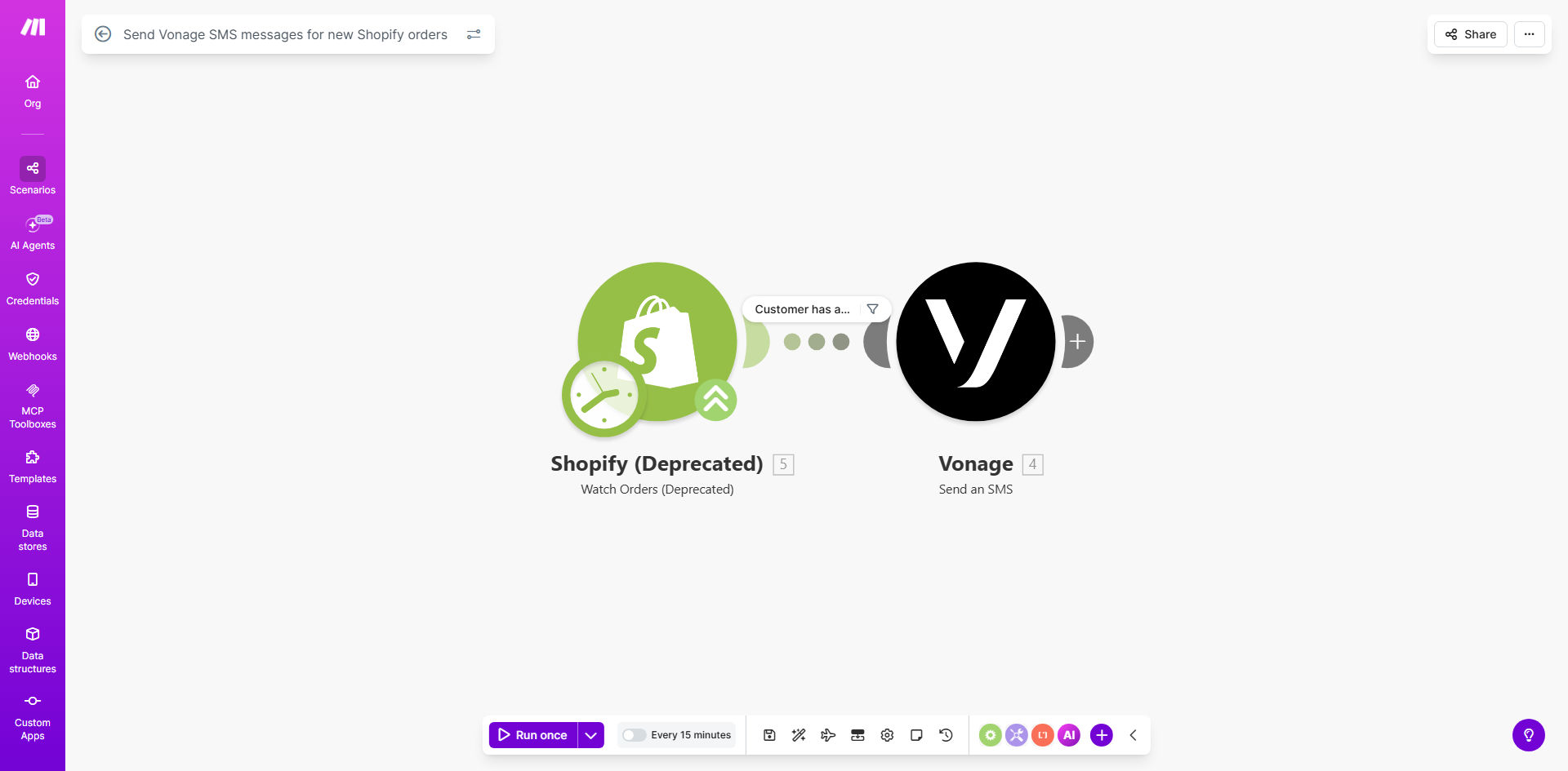 Make.com workflow diagram connecting Shopify and Vonage for SMS automation