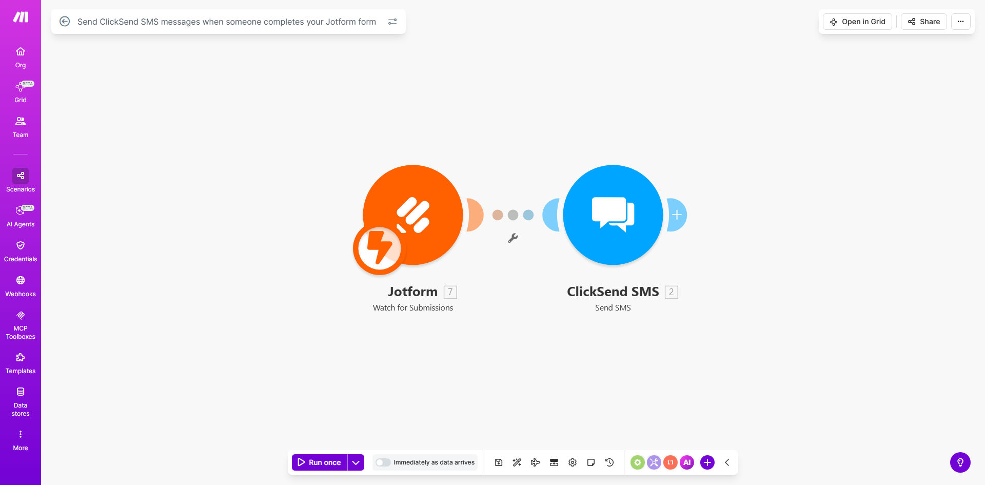 Make.com workflow diagram showing Jotform triggering ClickSend SMS messages