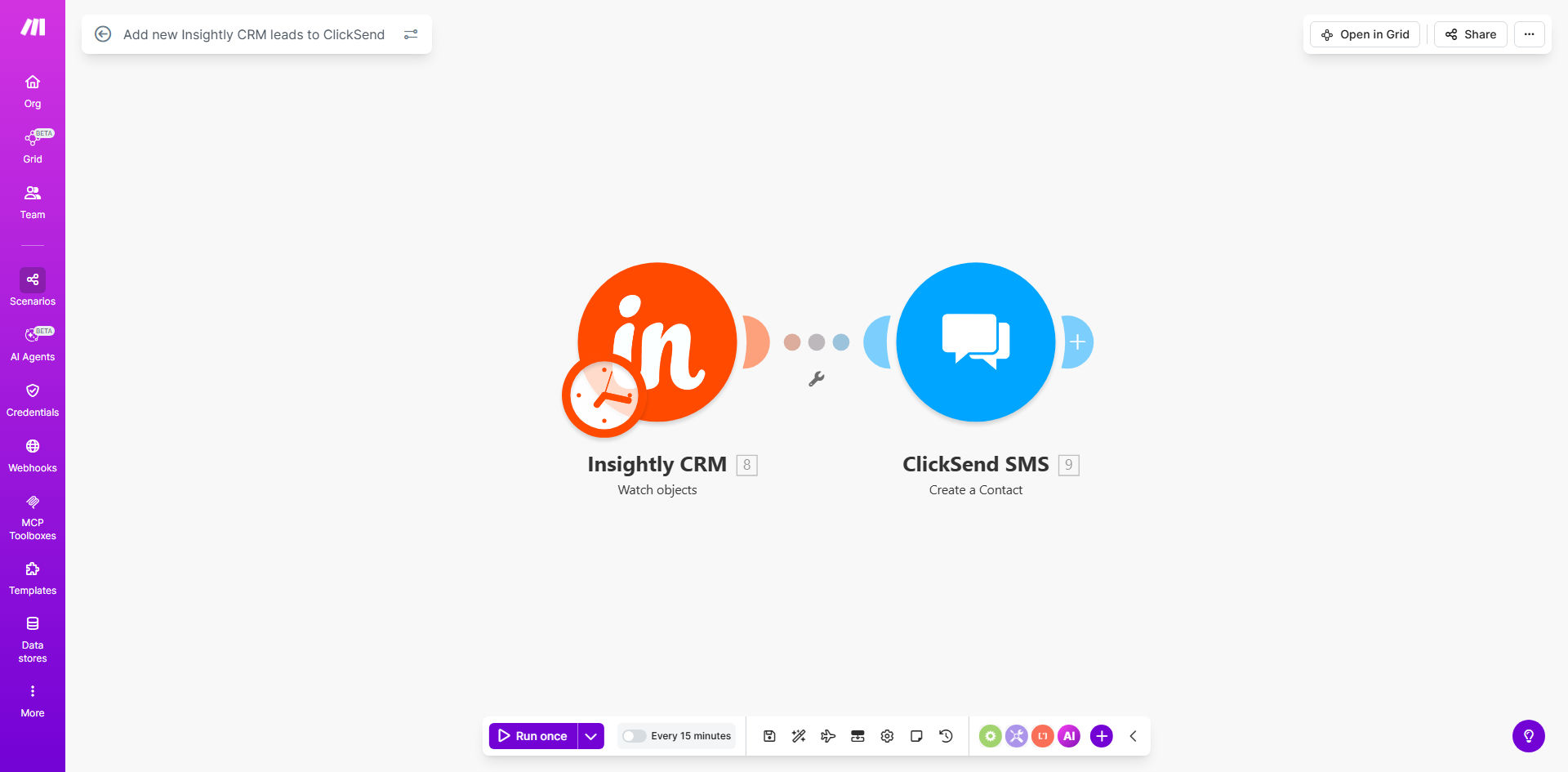 Insightly CRM to ClickSend integration workflow diagram