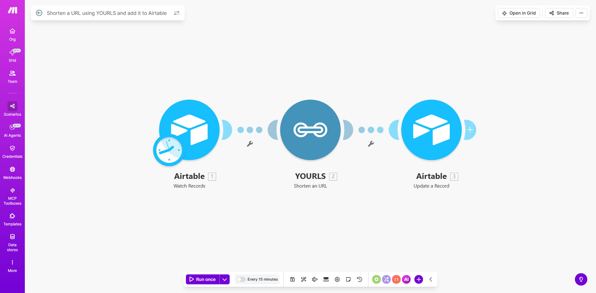 Make.com workflow diagram showing YOURLS and Airtable integration for URL shortening