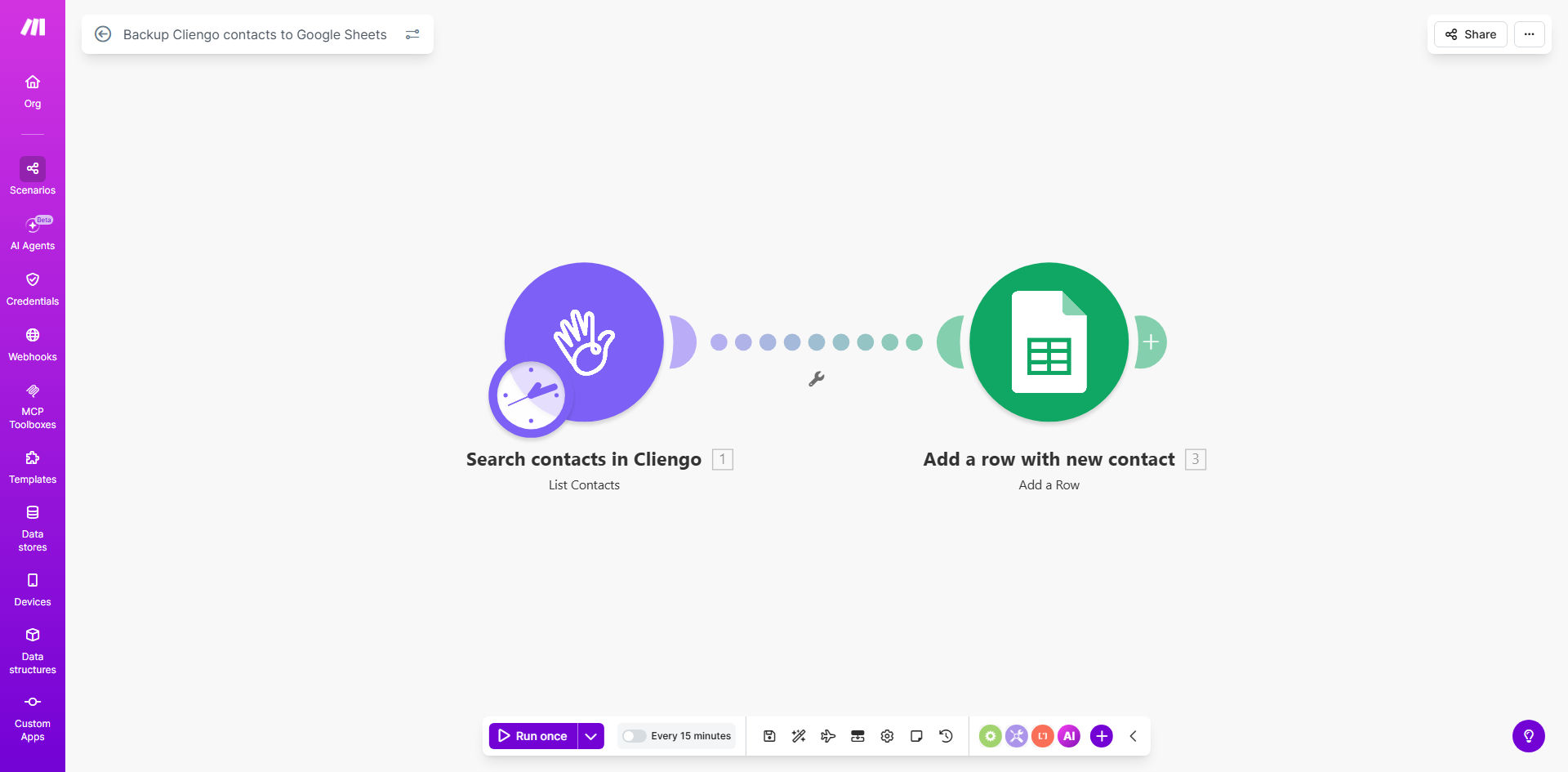 Make.com automation diagram showing Cliengo contacts flowing into Google Sheets