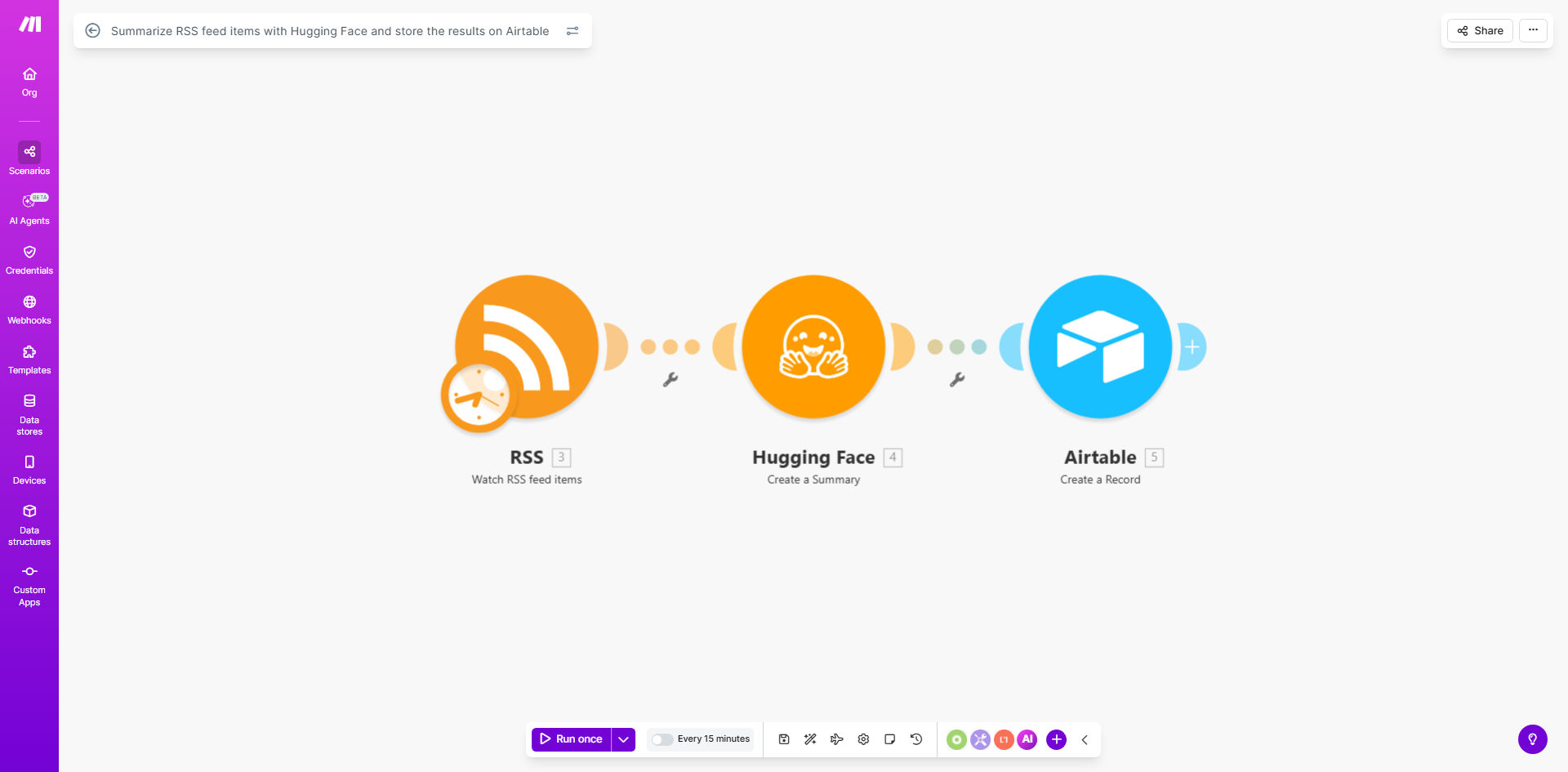 Visualization of RSS feed summarization workflow with Hugging Face and Airtable integration