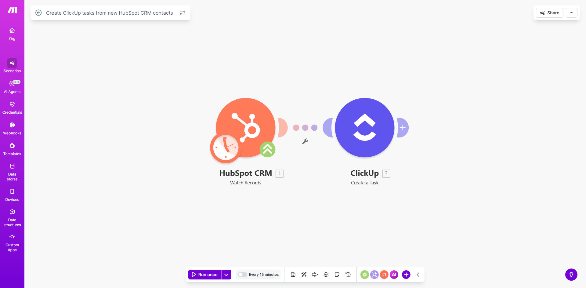 HubSpot CRM to ClickUp task automation workflow diagram