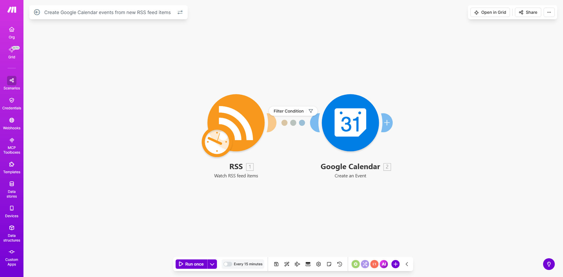 Make.com workflow interface showing RSS to Google Calendar automation