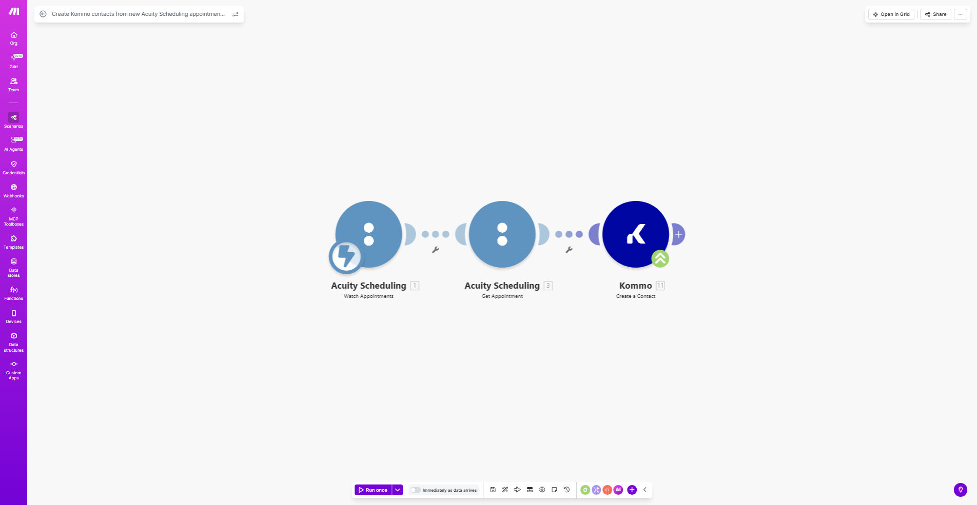 Make.com workflow diagram showing Acuity Scheduling to Kommo CRM integration