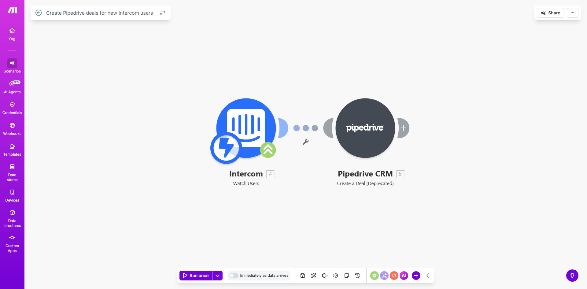 Automation workflow diagram showing Intercom to Pipedrive integration