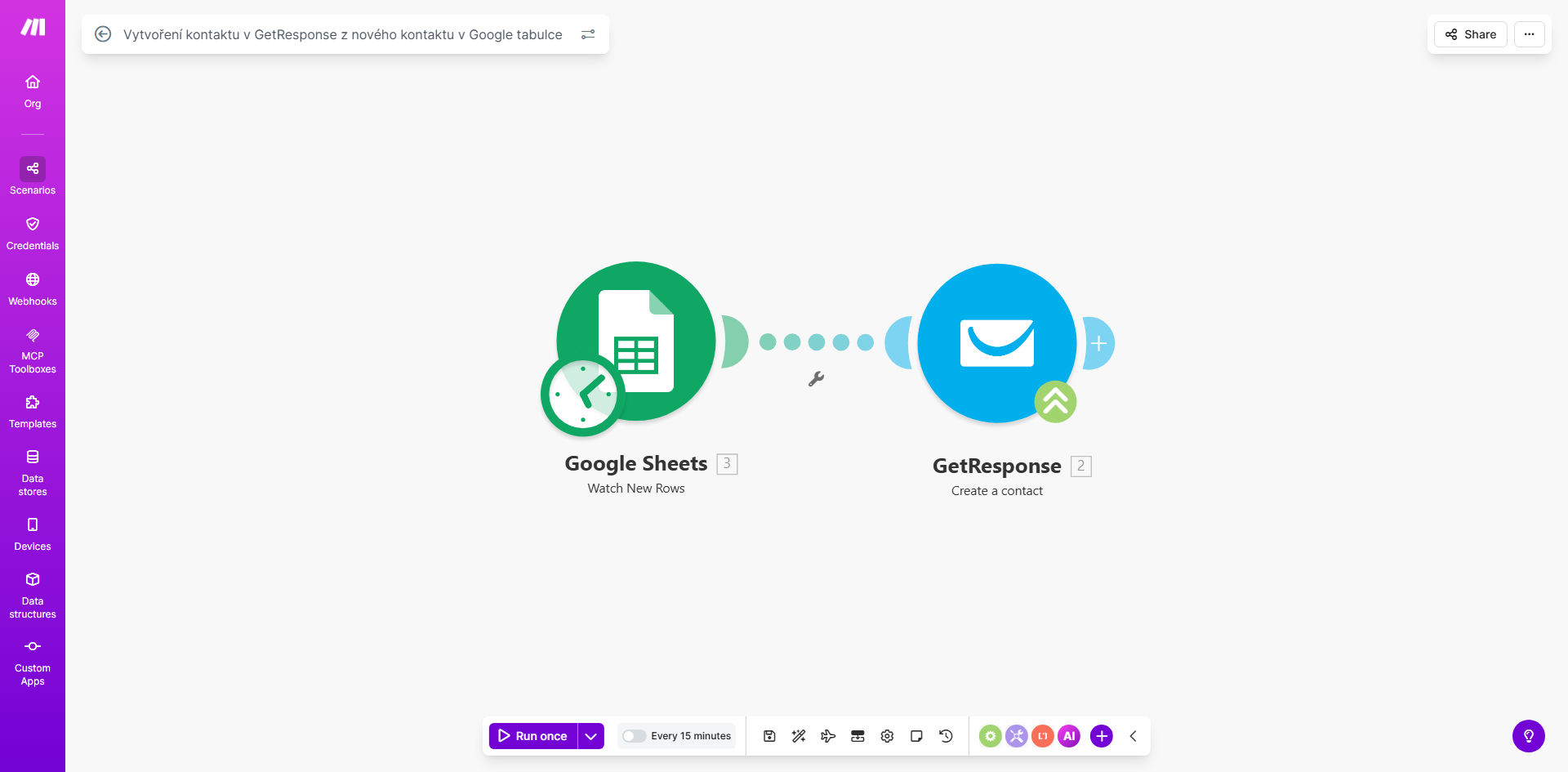 Diagram showing automation between Google Sheets and GetResponse creating new contacts