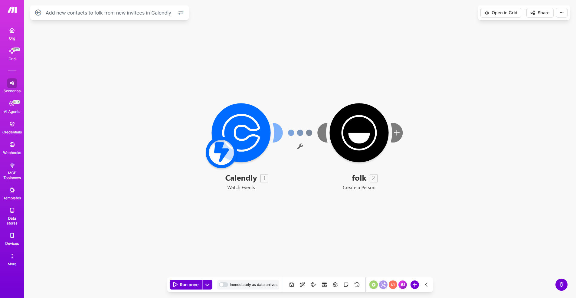 Make.com workflow diagram showing Calendly to Folk CRM integration