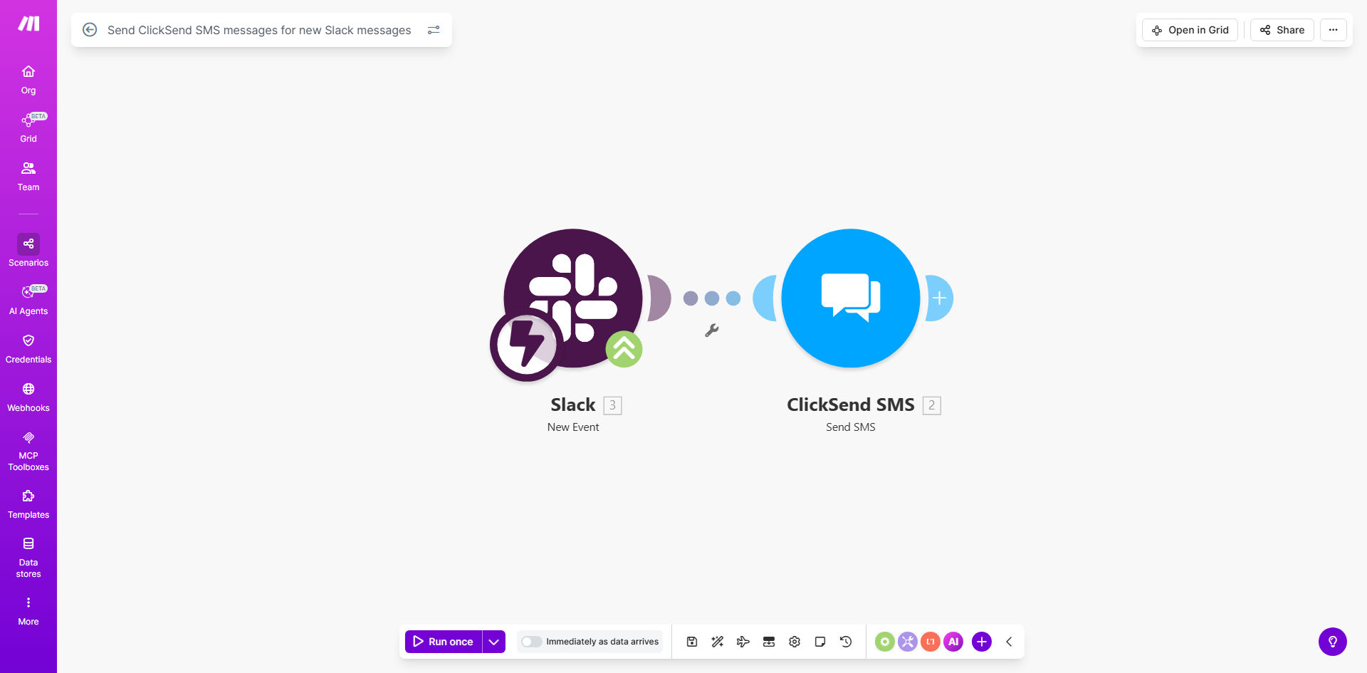 Slack to ClickSend SMS automation workflow diagram