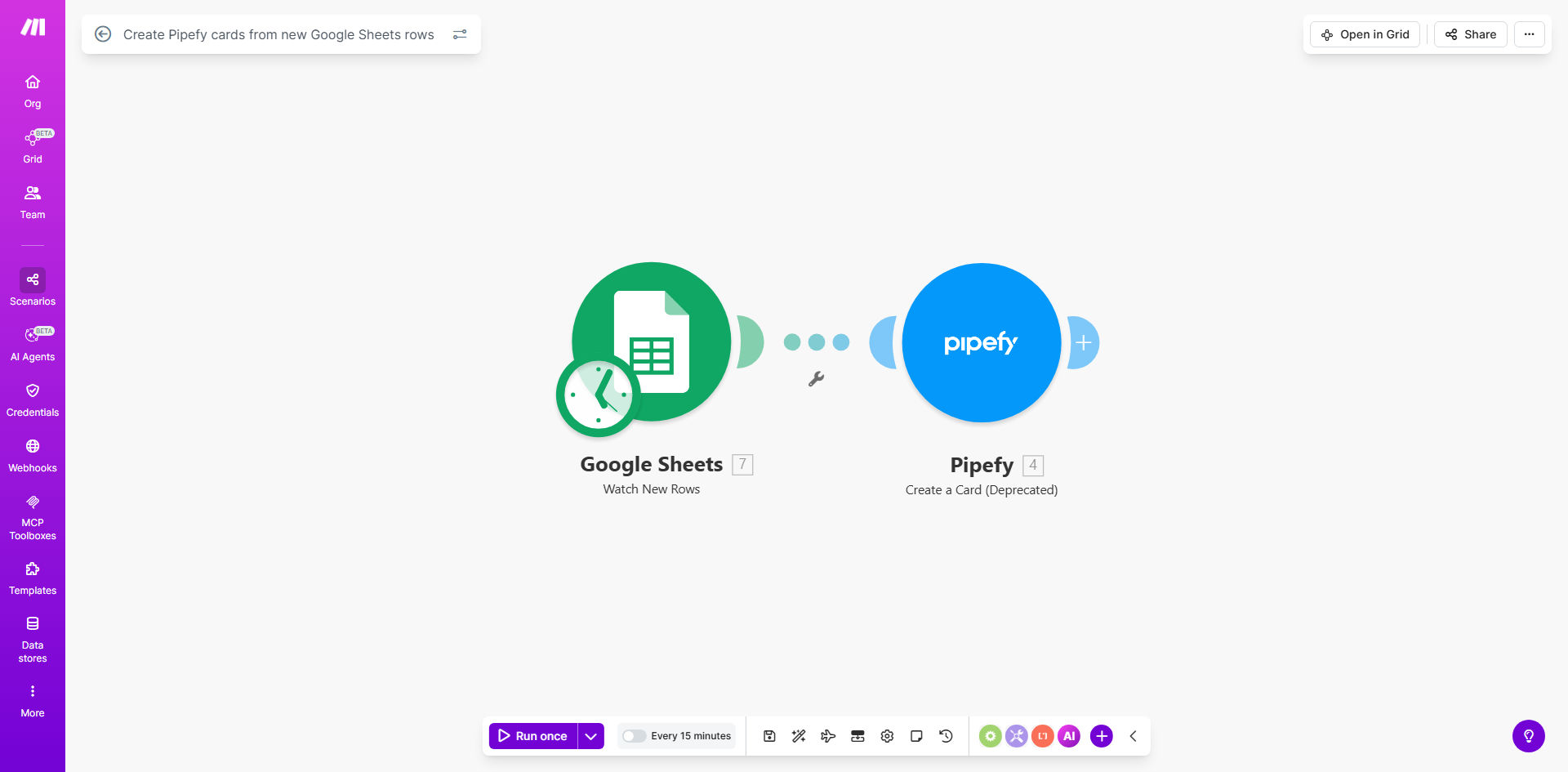 Make.com workflow diagram showing Google Sheets to Pipefy integration