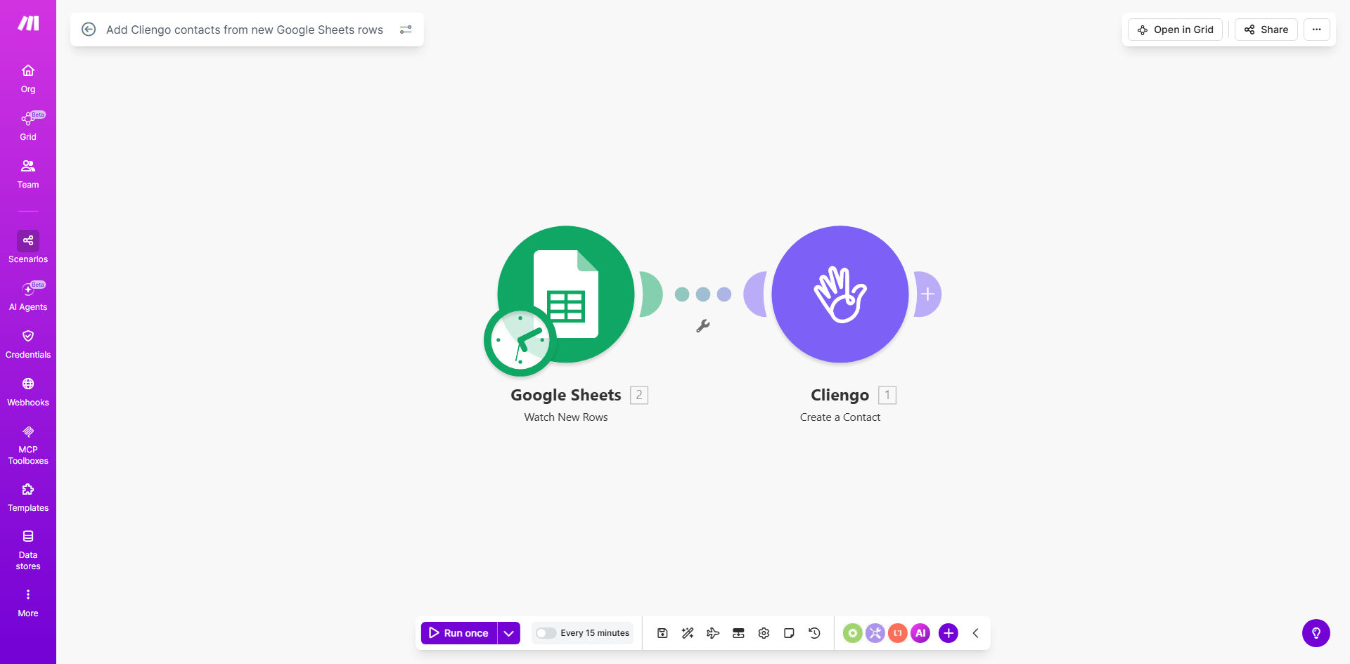 Make.com automation diagram showing Google Sheets rows syncing to Cliengo contacts