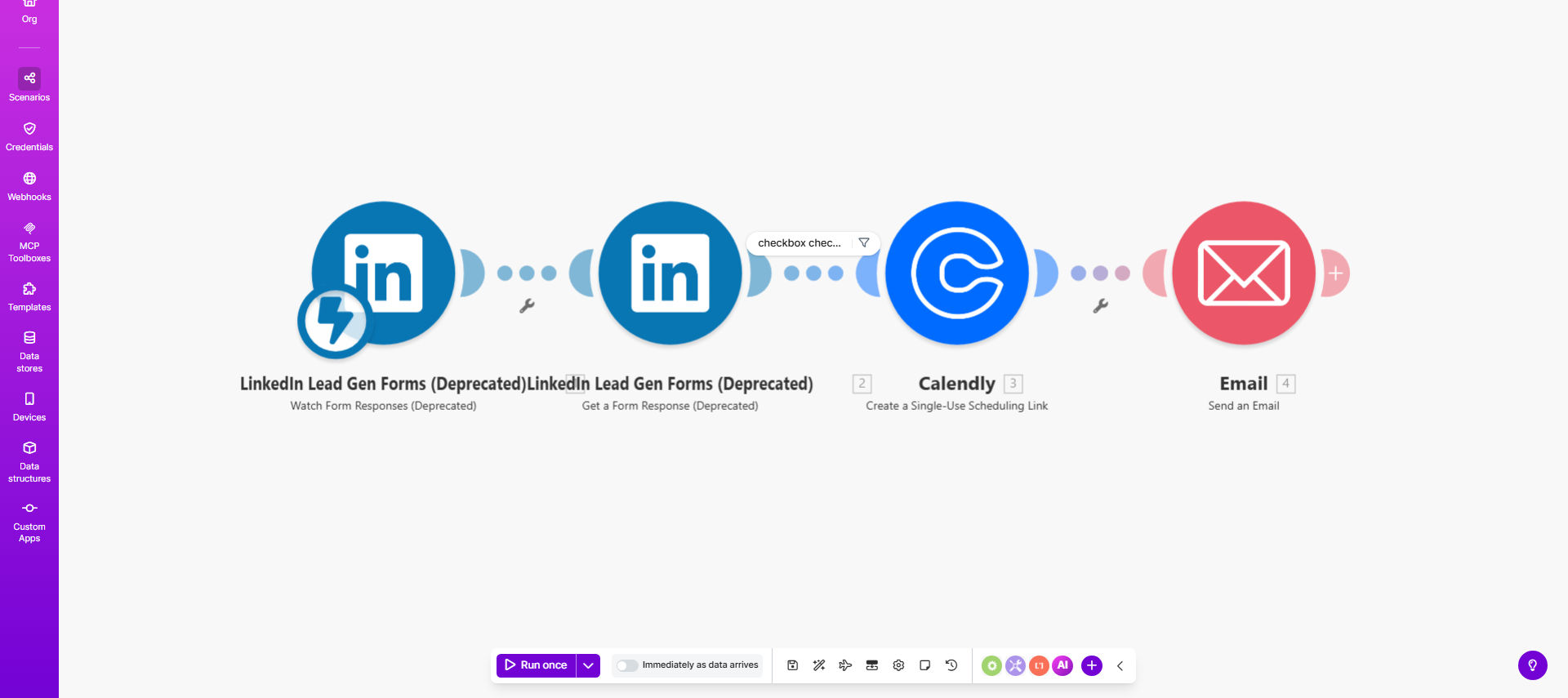 Automated LinkedIn lead to Calendly scheduling workflow diagram