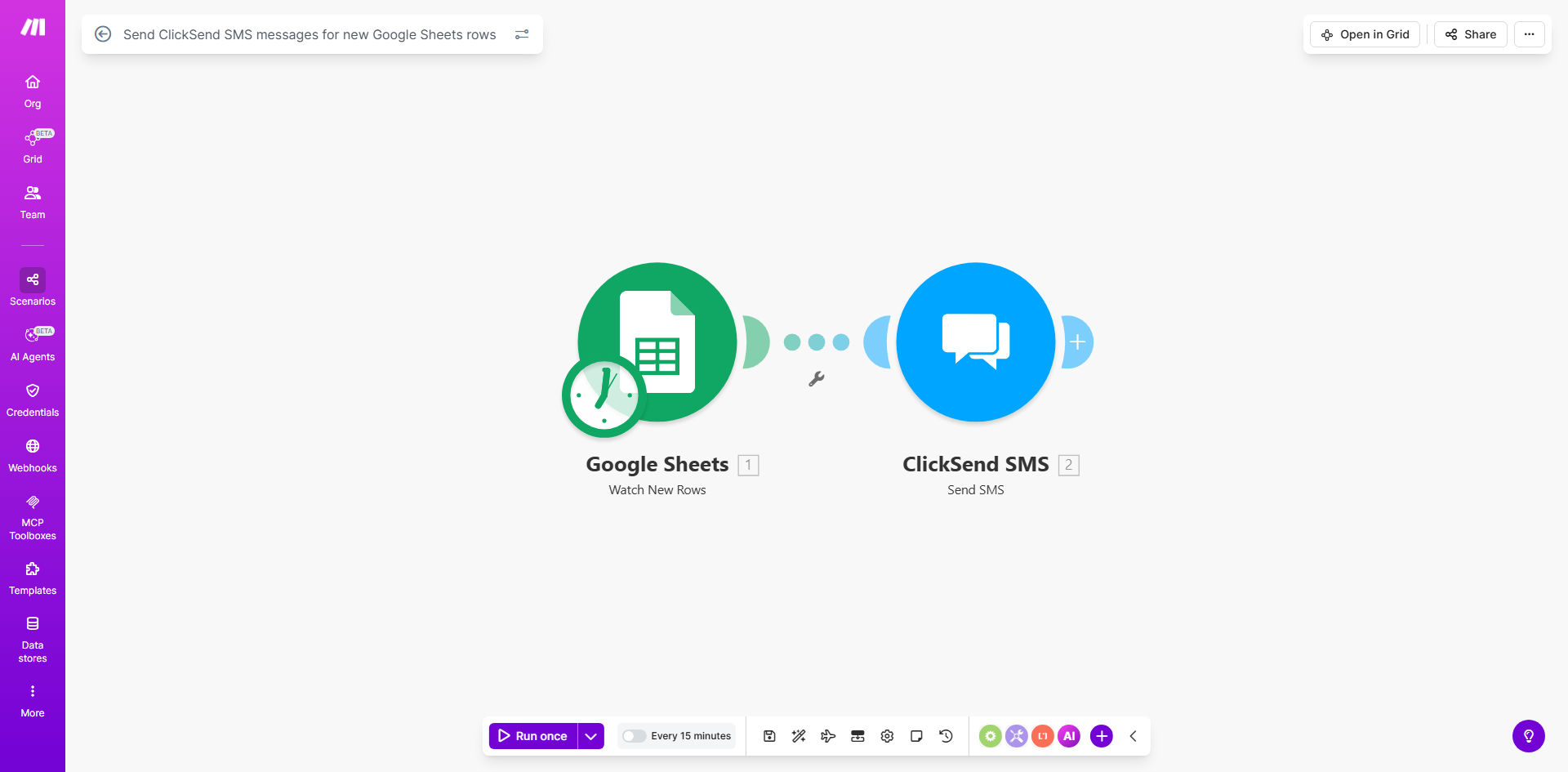 Make.com workflow diagram showing Google Sheets to ClickSend SMS automation