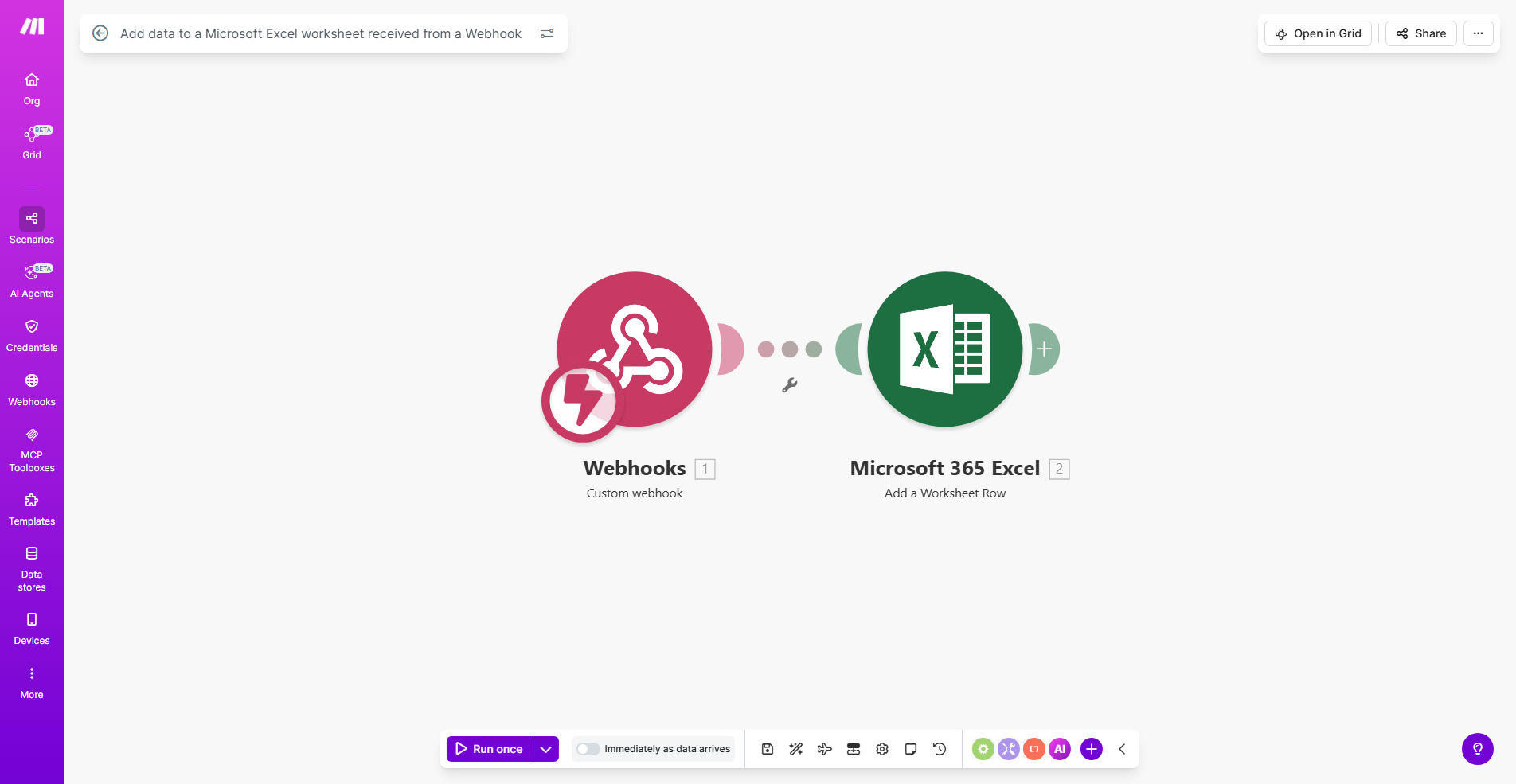 Make.com workflow diagram showing webhook data flowing into Excel spreadsheet