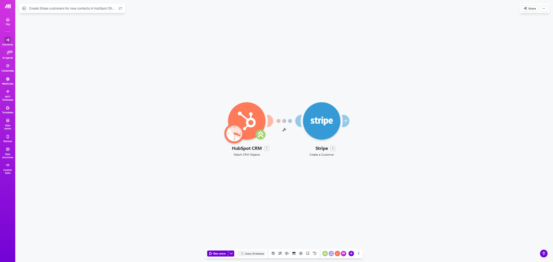 Diagram showing automation flow from HubSpot CRM to Stripe creating a customer record