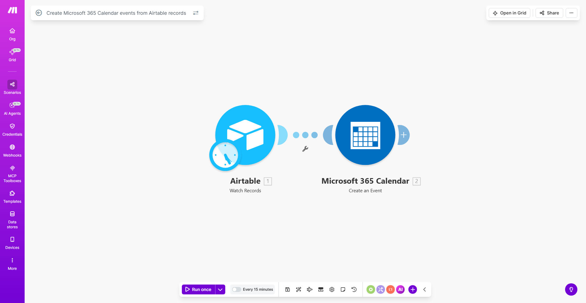 Diagram showing Airtable records syncing to Microsoft 365 Calendar events