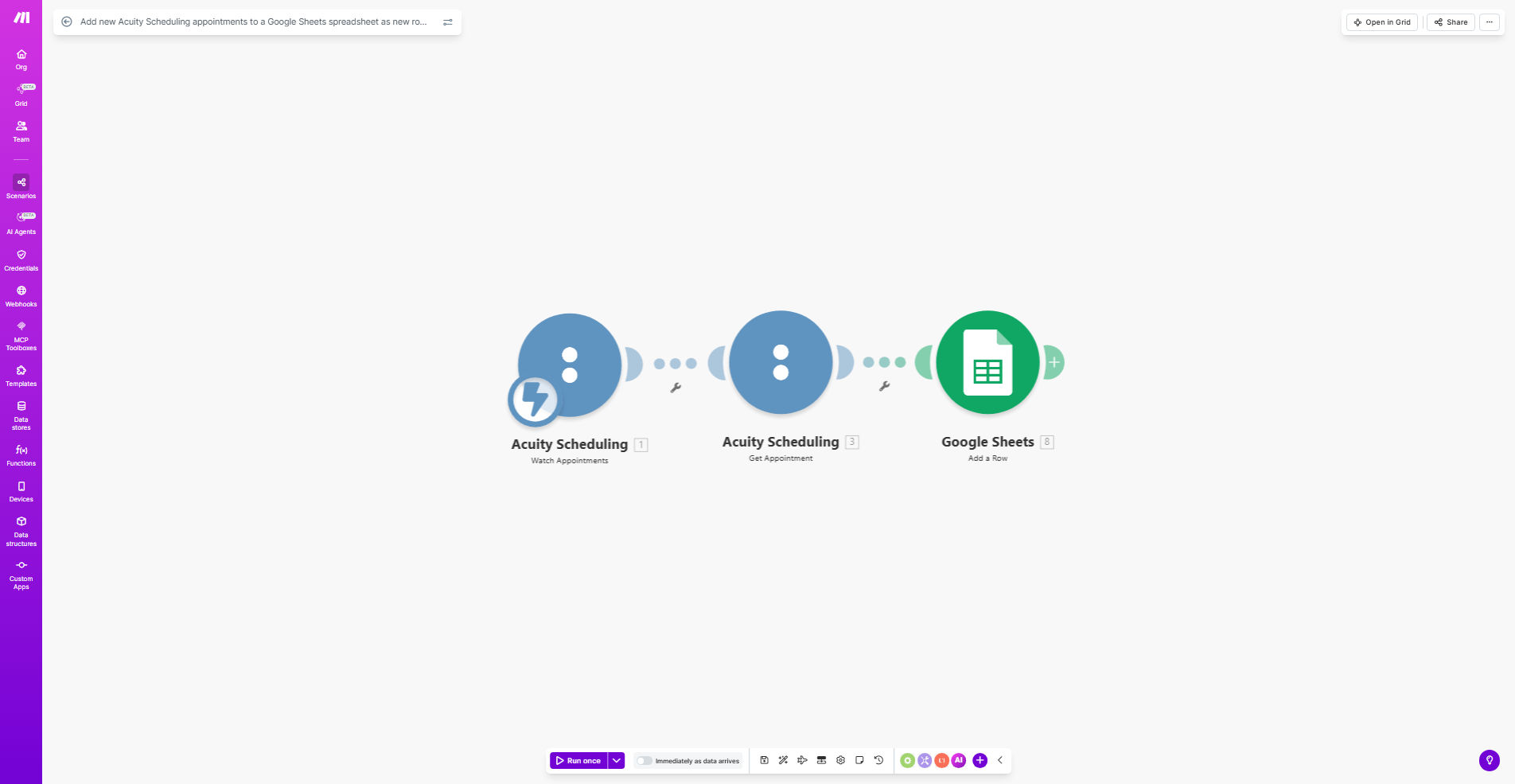 Make.com workflow diagram showing Acuity Scheduling to Google Sheets integration