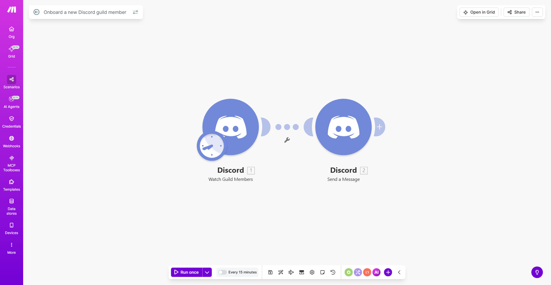Make.com workflow interface for Discord member onboarding automation
