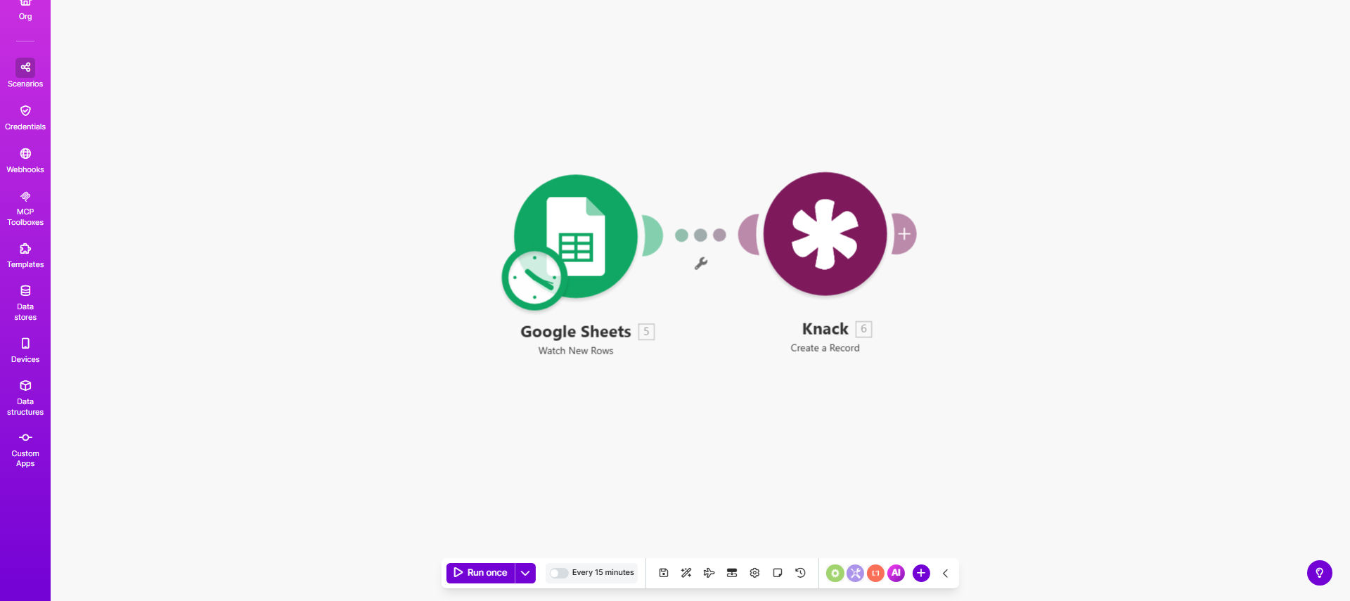 Make.com workflow diagram showing Google Sheets to Knack integration