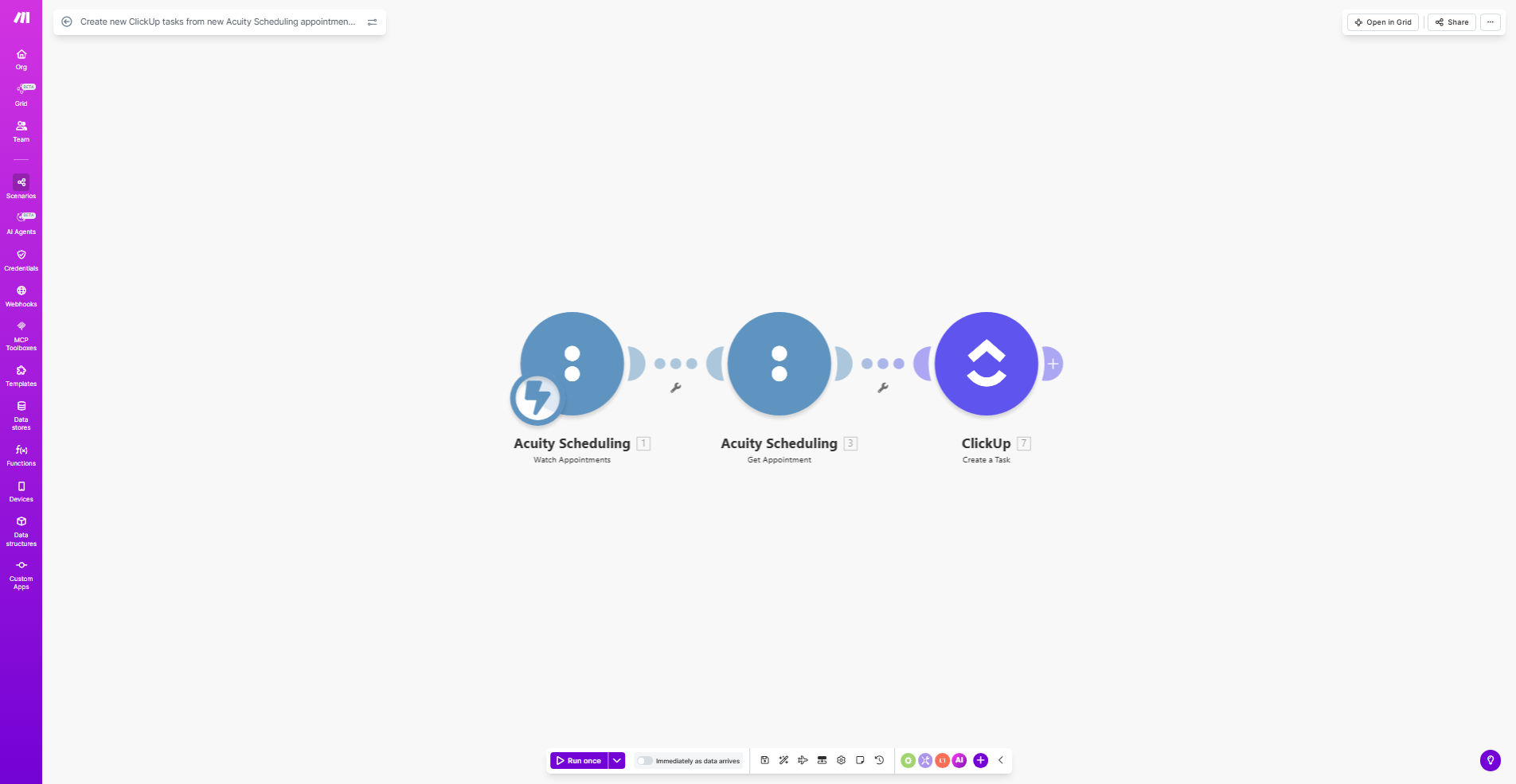 Make.com workflow diagram showing Acuity Scheduling connected to ClickUp