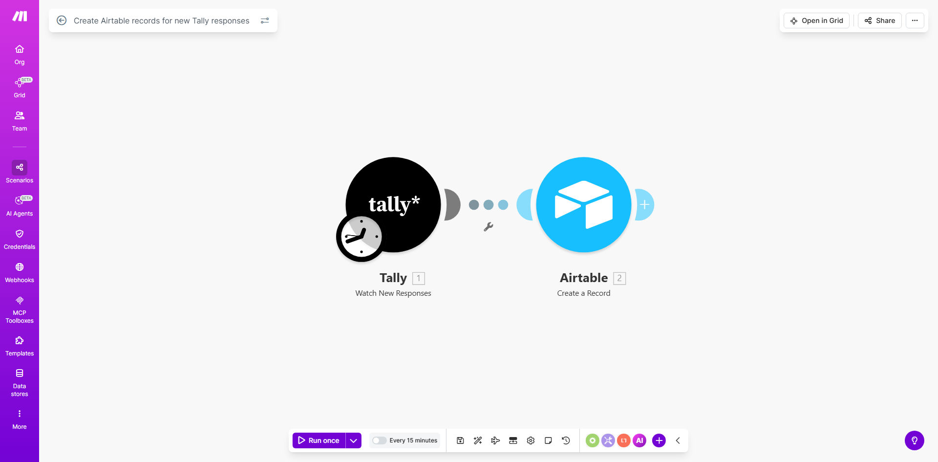 Make.com workflow diagram showing Tally form responses syncing to Airtable