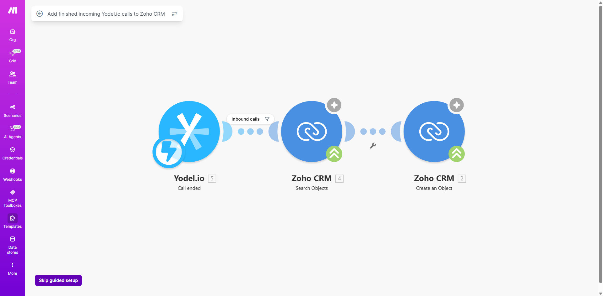 Screenshot of Yodel.io to Zoho CRM call logging automation in Make.com