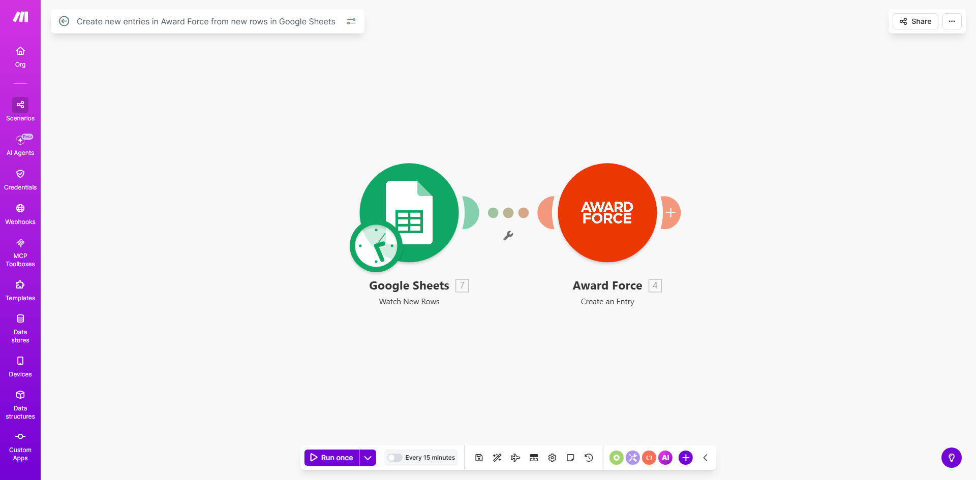 Visual diagram of the automation workflow connecting Google Sheets to Award Force
