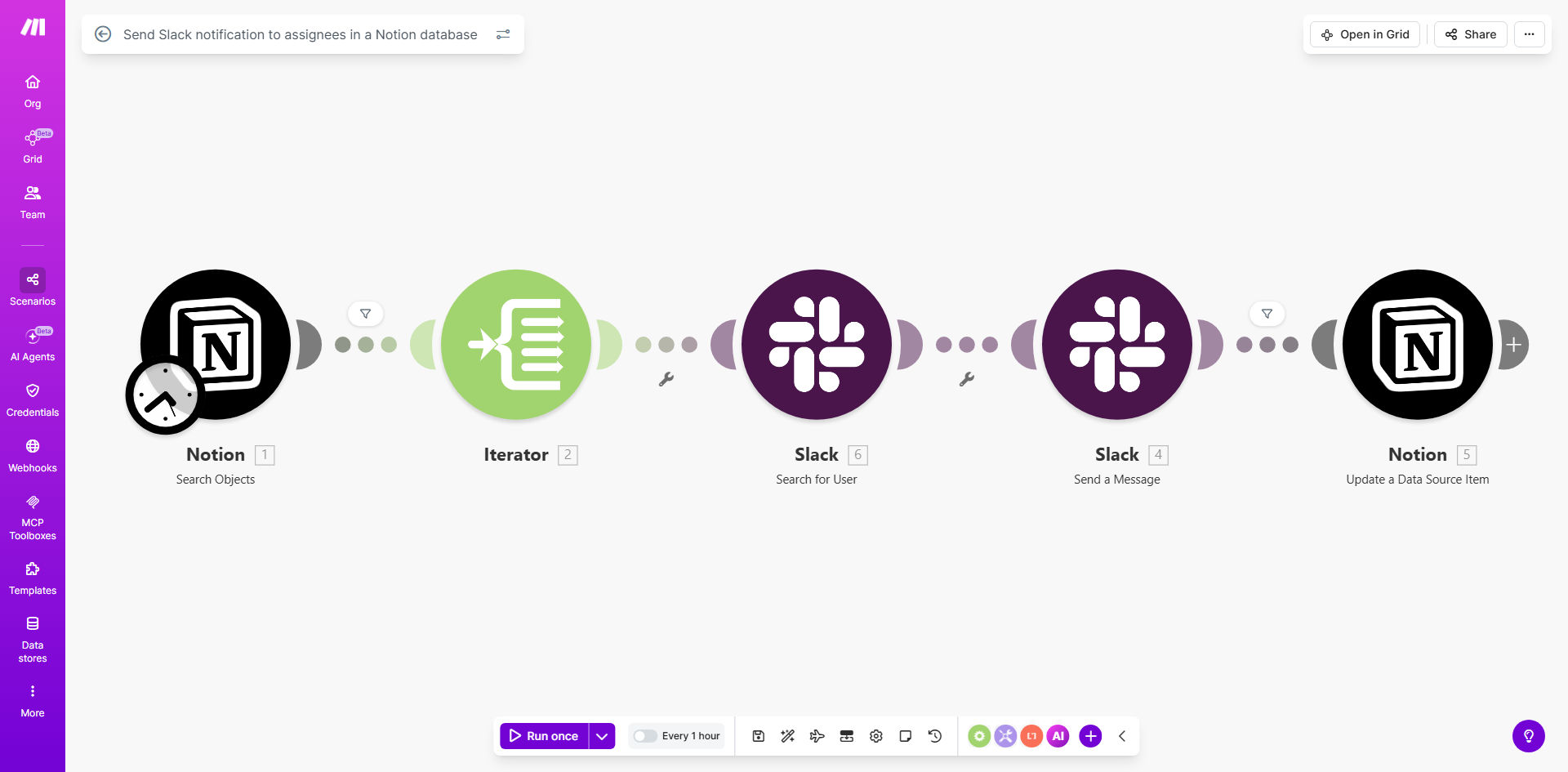 Make.com workflow diagram showing Notion database triggering a Slack notification