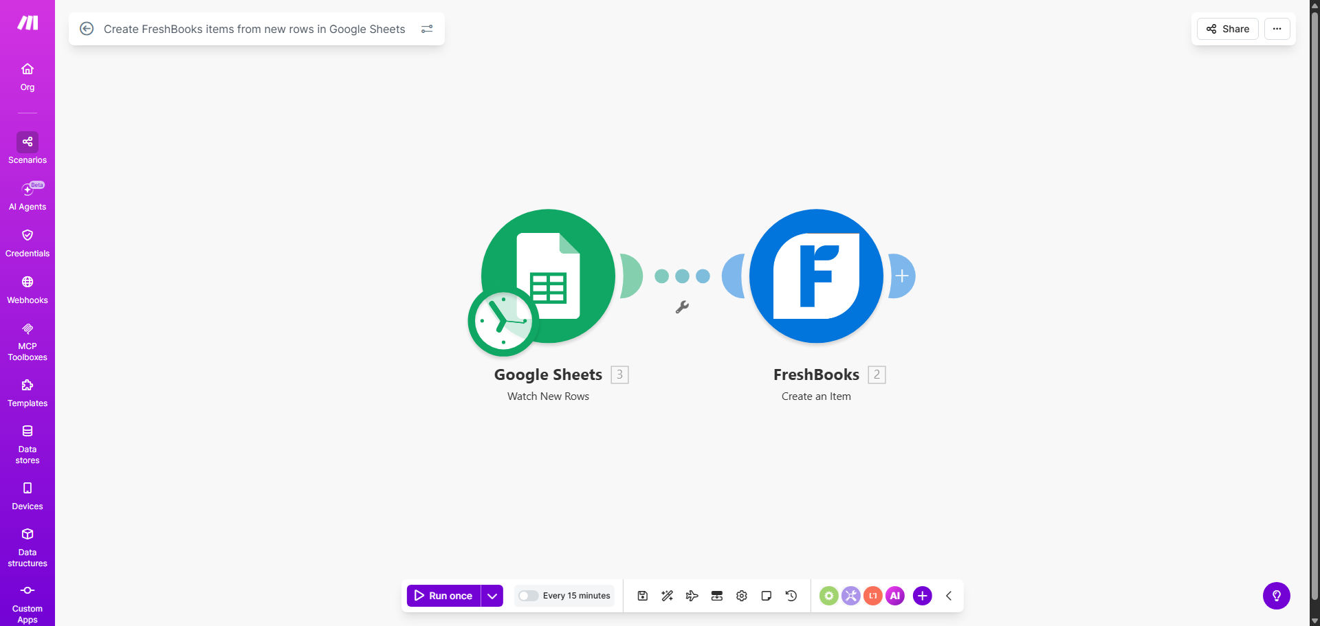 Make.com automation diagram showing Google Sheets rows syncing to FreshBooks items