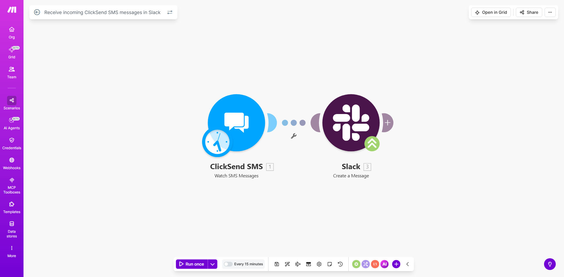 ClickSend to Slack SMS forwarding workflow diagram