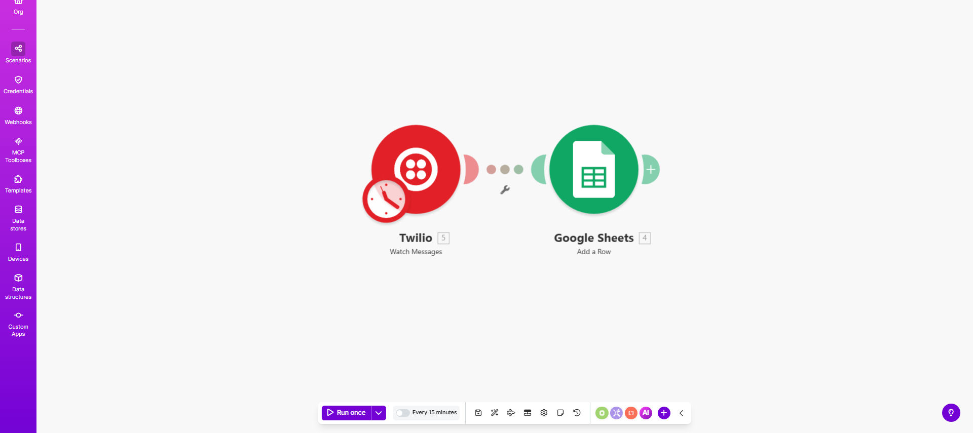 Make.com workflow interface showing Twilio to Google Sheets integration