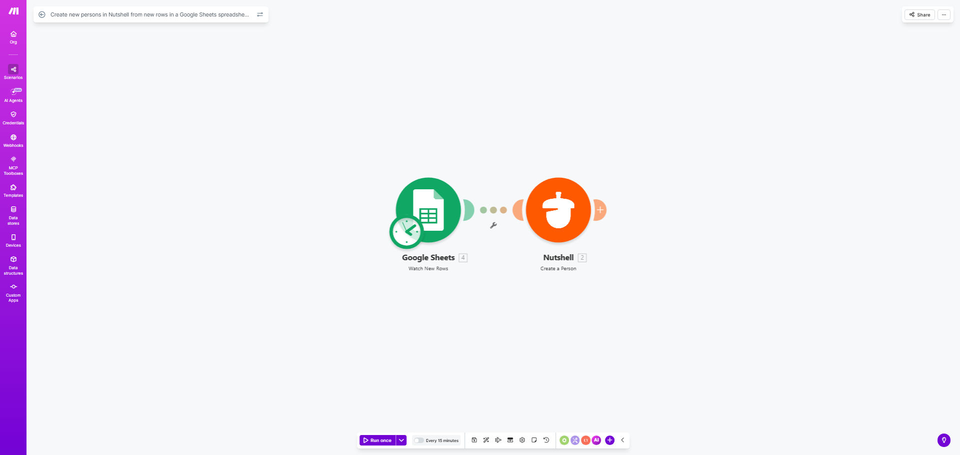 Diagram showing automation flow from Google Sheets to Nutshell CRM creating new person records