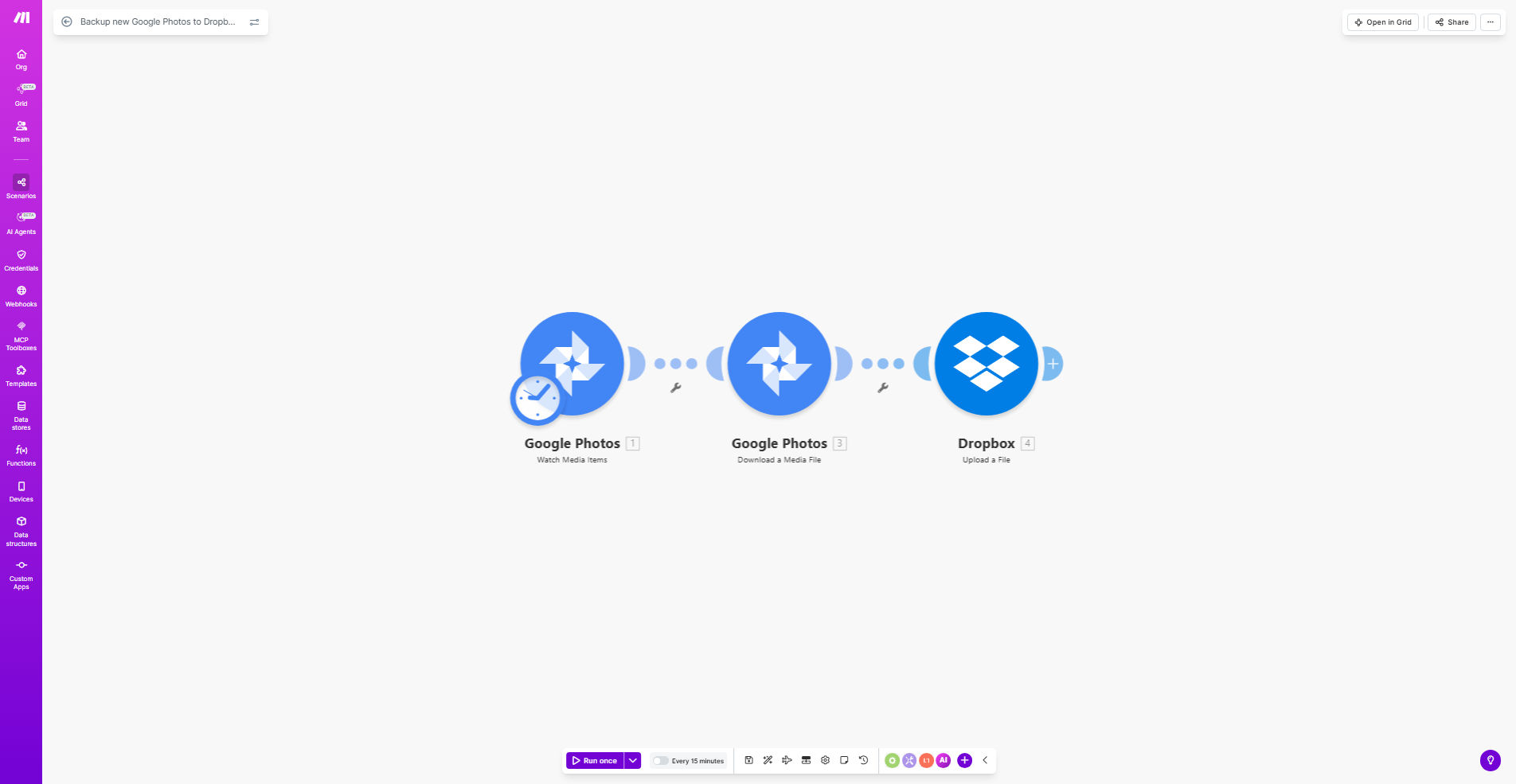 Google Photos to Dropbox backup workflow diagram showing automatic photo transfer process