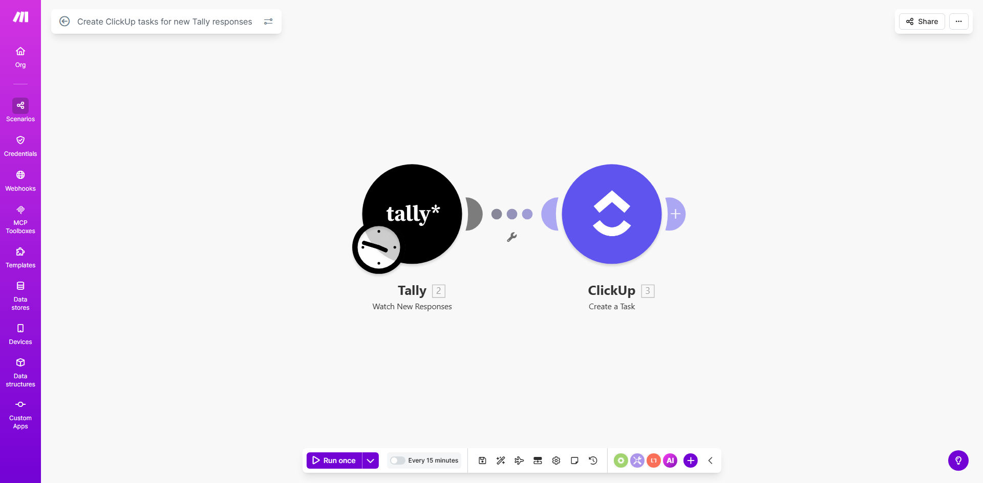 Make.com workflow diagram showing Tally form responses being transformed into ClickUp tasks