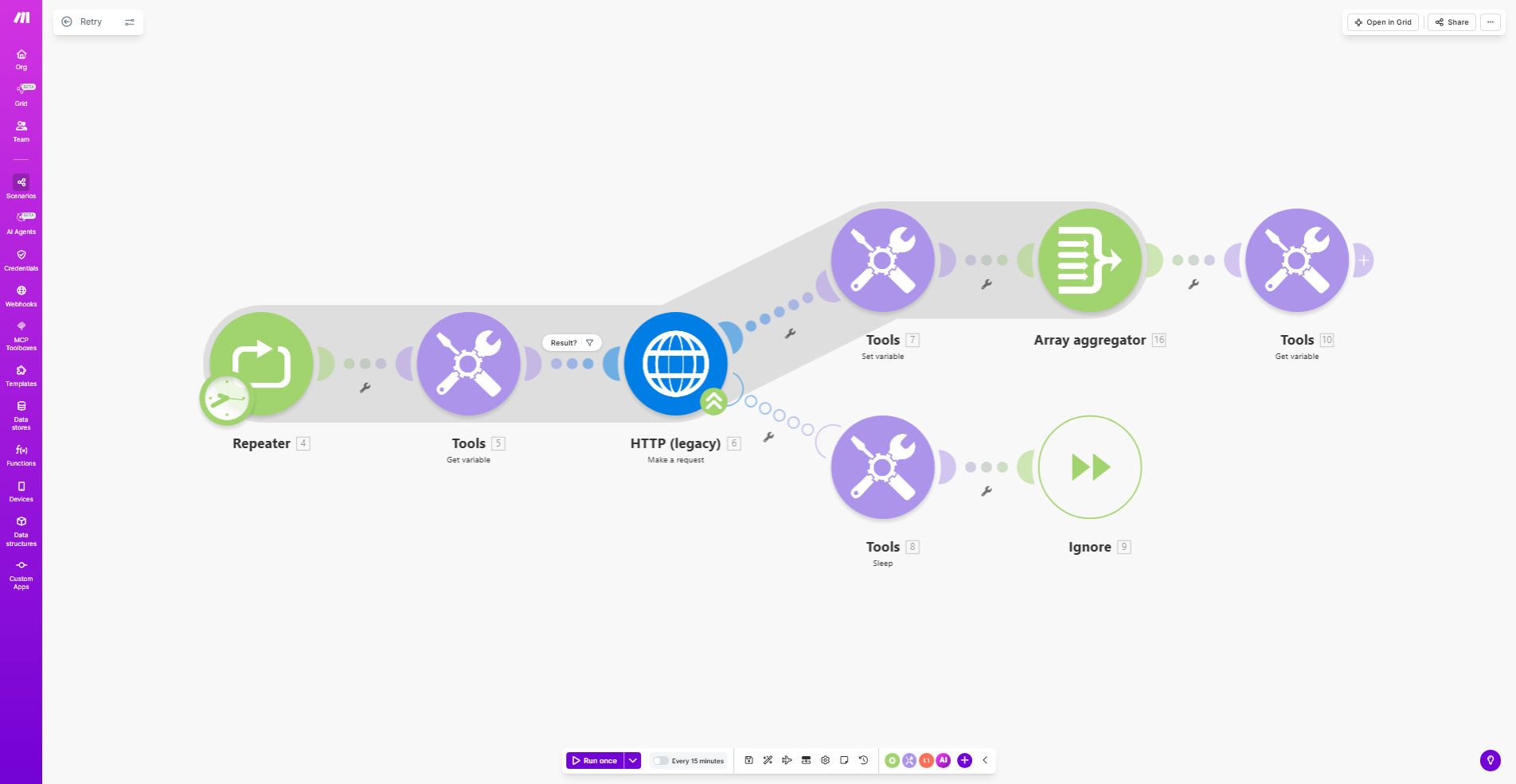 Make.com retry workflow template interface showing retry configuration options
