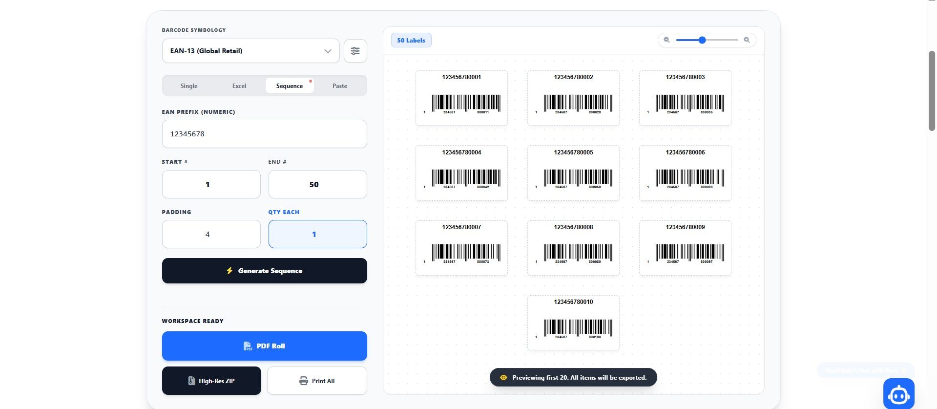 Bulk Barcode Generator Dashboard showing Excel upload capabilities