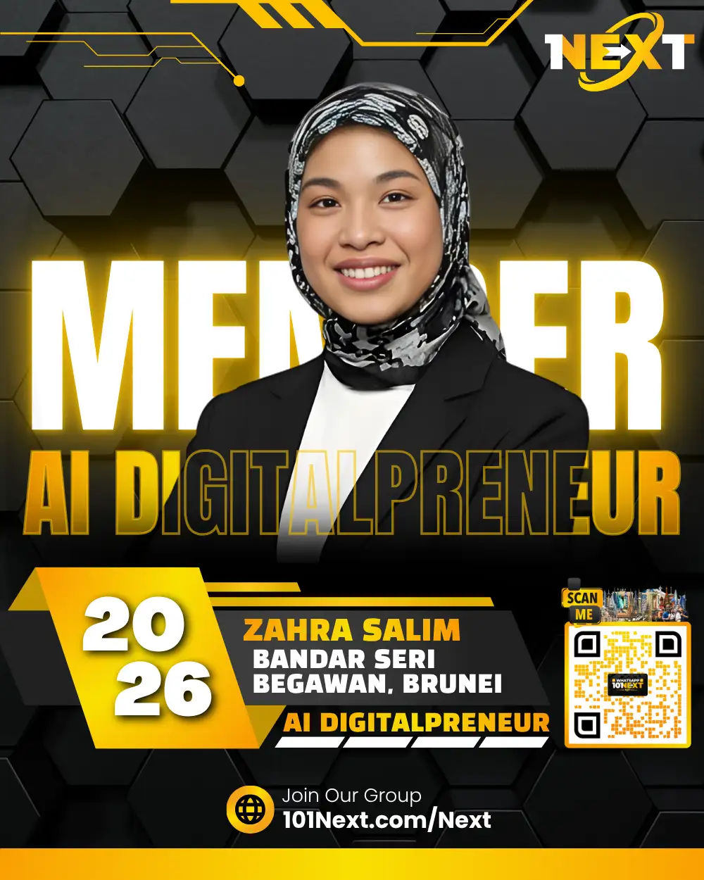 Portrait of Nur Afrina Az-zahra binti Muhammad Muslim Salim, 101Next AI DigitalPreneur member, enrichment centre supervisor and teacher in Gadong Central, Brunei.