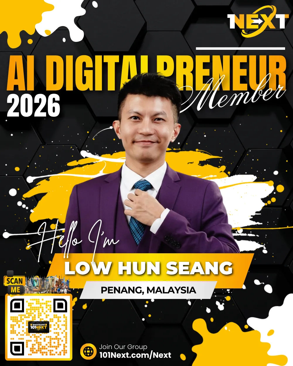 Portrait of Low Hun Seang, 101Next AI DigitalPreneur member in Penang, Malaysia.