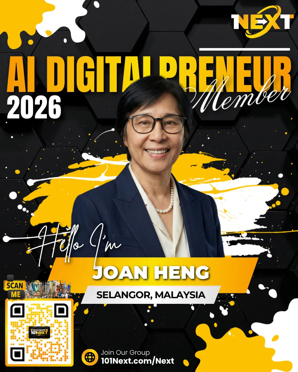 Portrait of Joan Heng Swee Kiow, 101Next AI DigitalPreneur member, health therapist and brain gym consultant in Selangor, Malaysia.