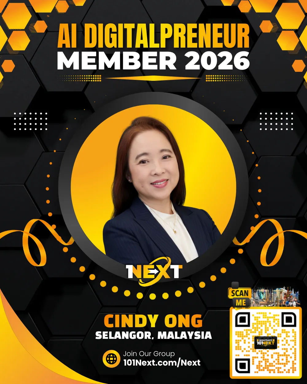 Portrait of Cindy Ong Lee Ching, 101Next AI DigitalPreneur member, wellness product distributor in Selangor, Malaysia.