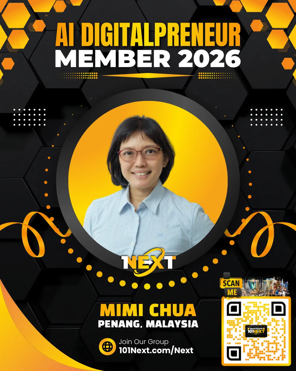 Portrait of Mimi Chua Lian Chooi 辉赞, 101Next AI DigitalPreneur member, business owner in Penang, Malaysia.