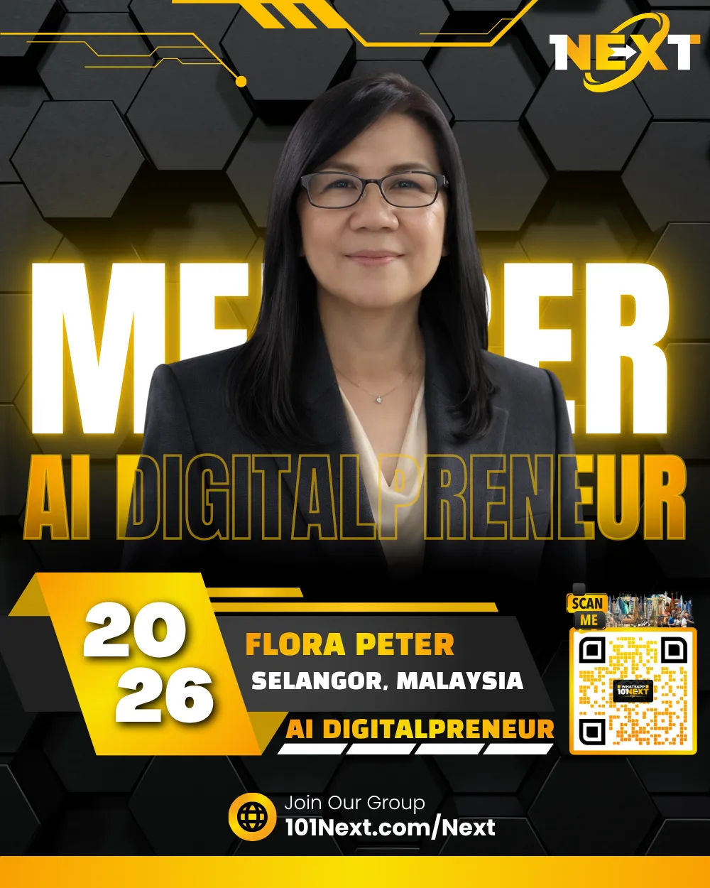 Portrait of Flora Peter, 101Next AI DigitalPreneur member, Christian life coach in Selangor, Malaysia.