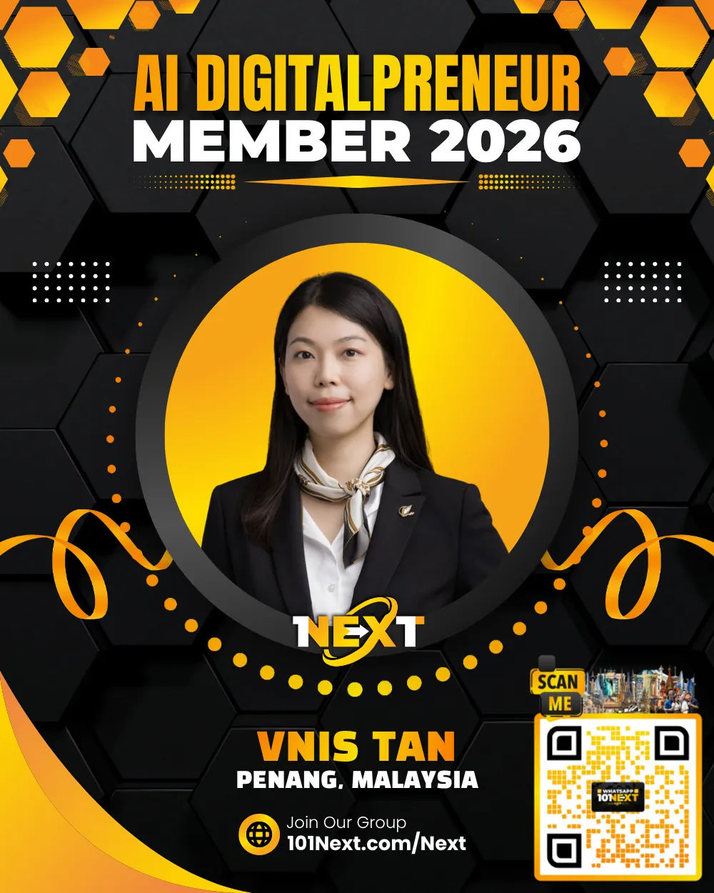 Portrait of Vnis Tan Chai Haa, 101Next AI DigitalPreneur member, unit trust and PRS consultant in Penang, Malaysia.